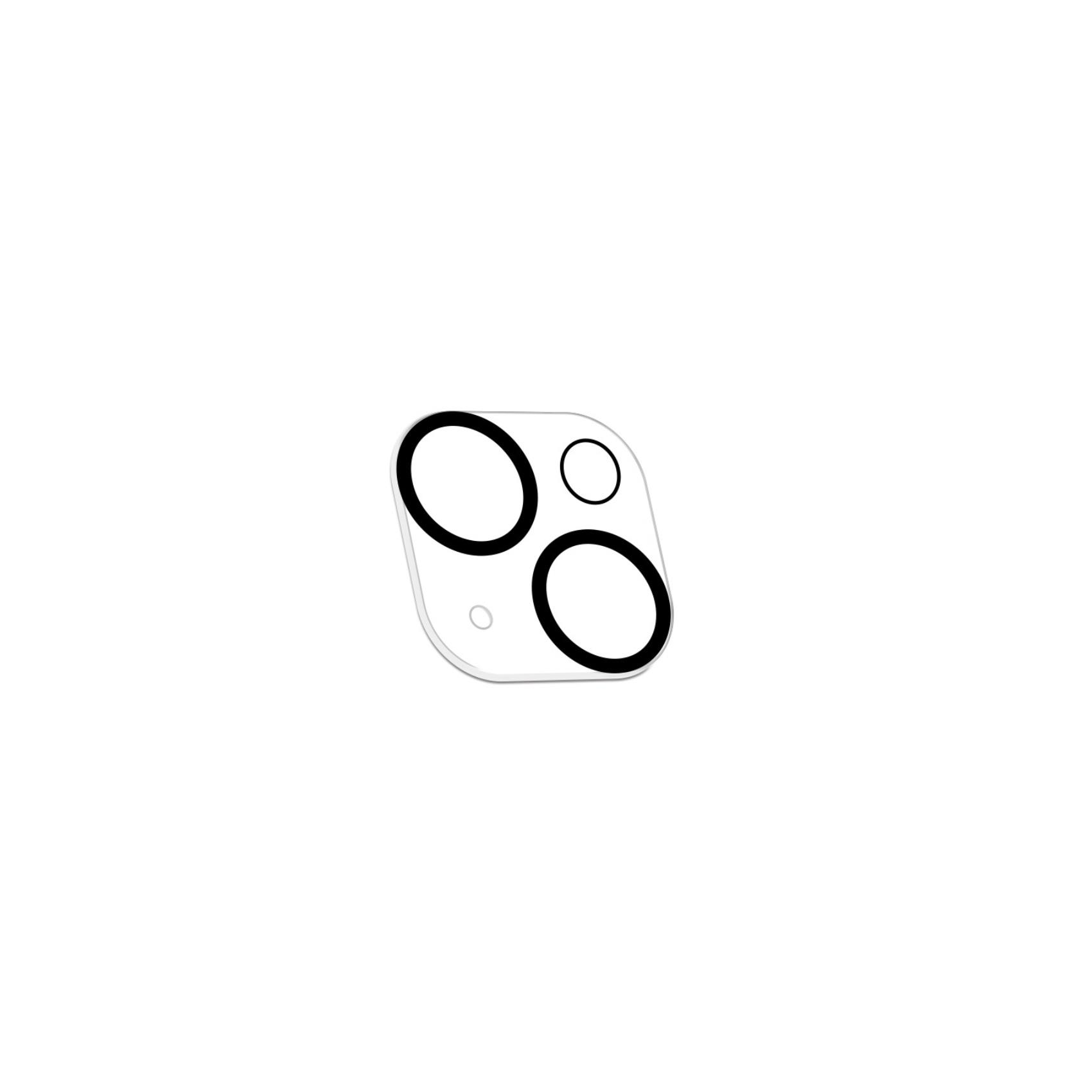 Protezione lente fotocamera smartphone con tre cerchi e contorno quadrato, sfondo bianco.