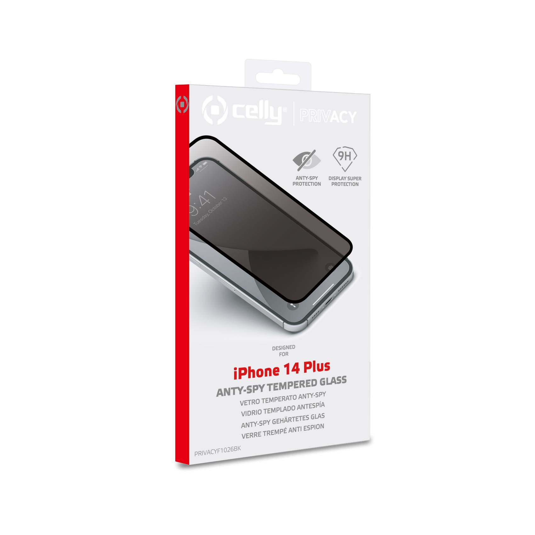 Proteggi schermo in vetro temperato anti-spia per iPhone 14 Plus. Confezionato. Bianco.