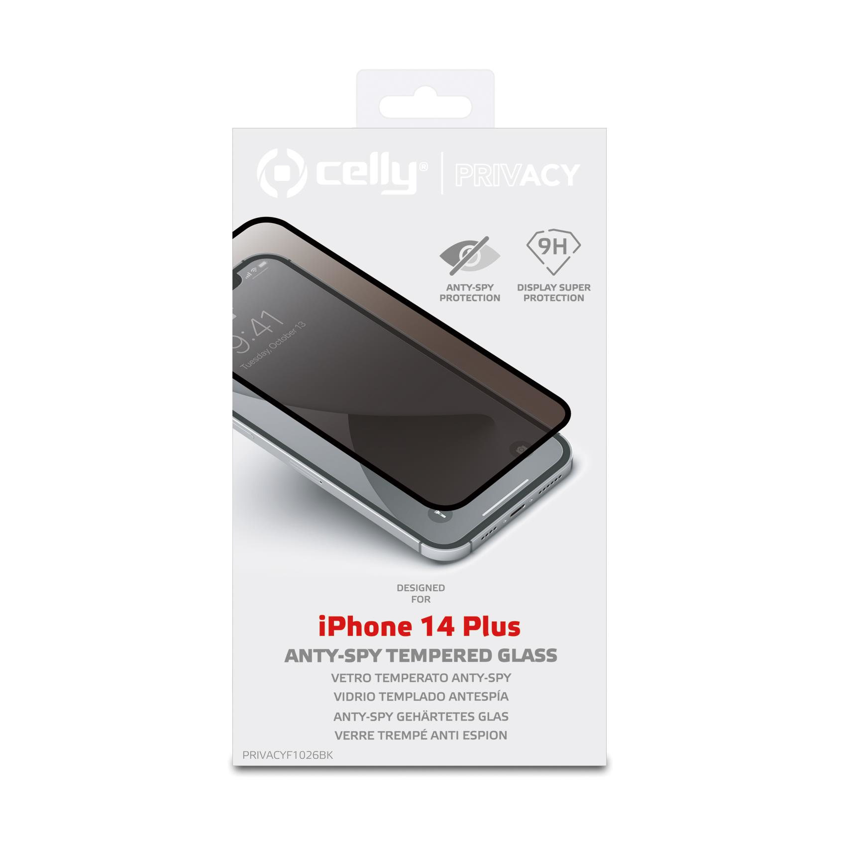Proteggi schermo in vetro temperato anti-spia per iPhone 14 Plus. Confezionato. Bianco.