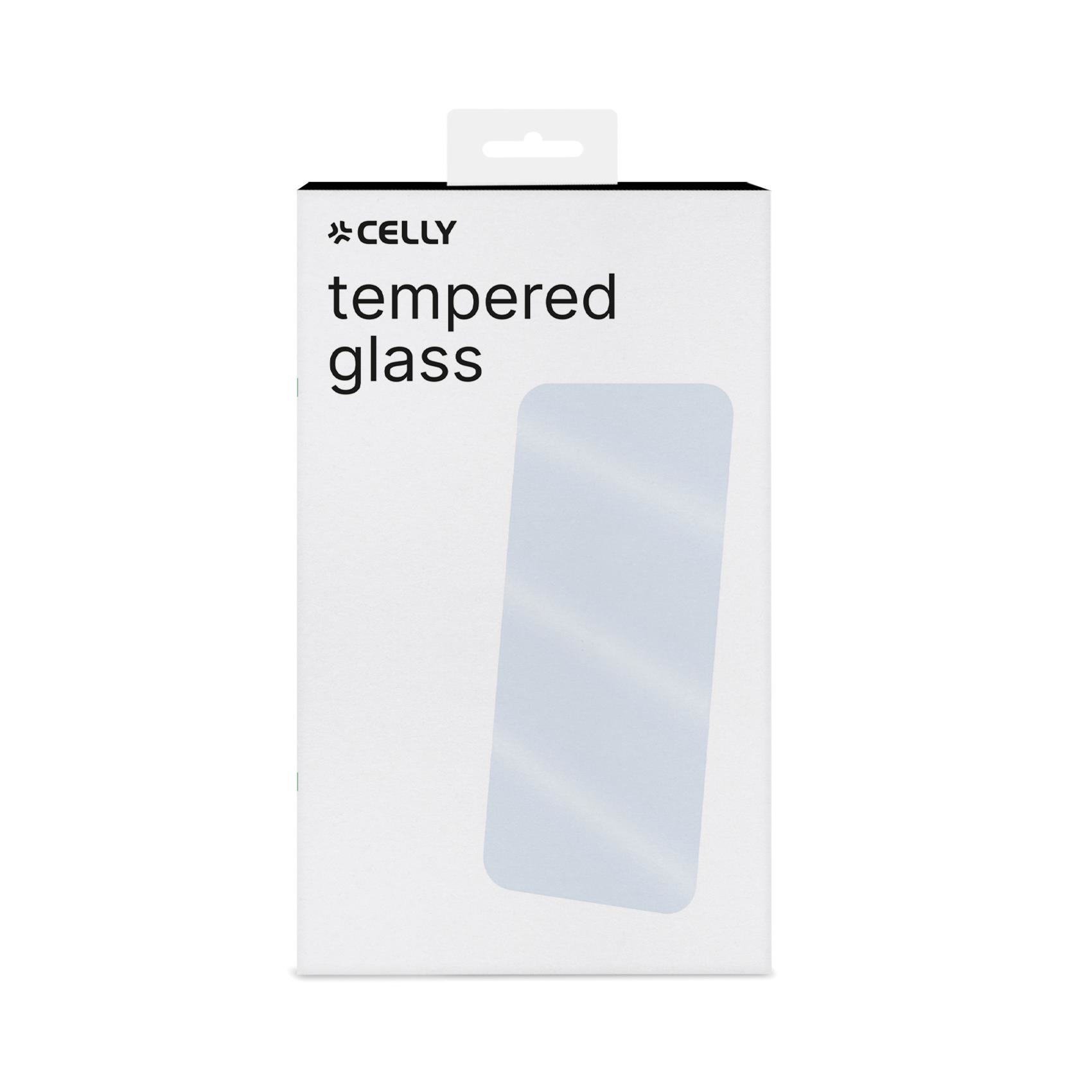 Scatola bianca con protezione schermo, etichettata 'tempered glass'.