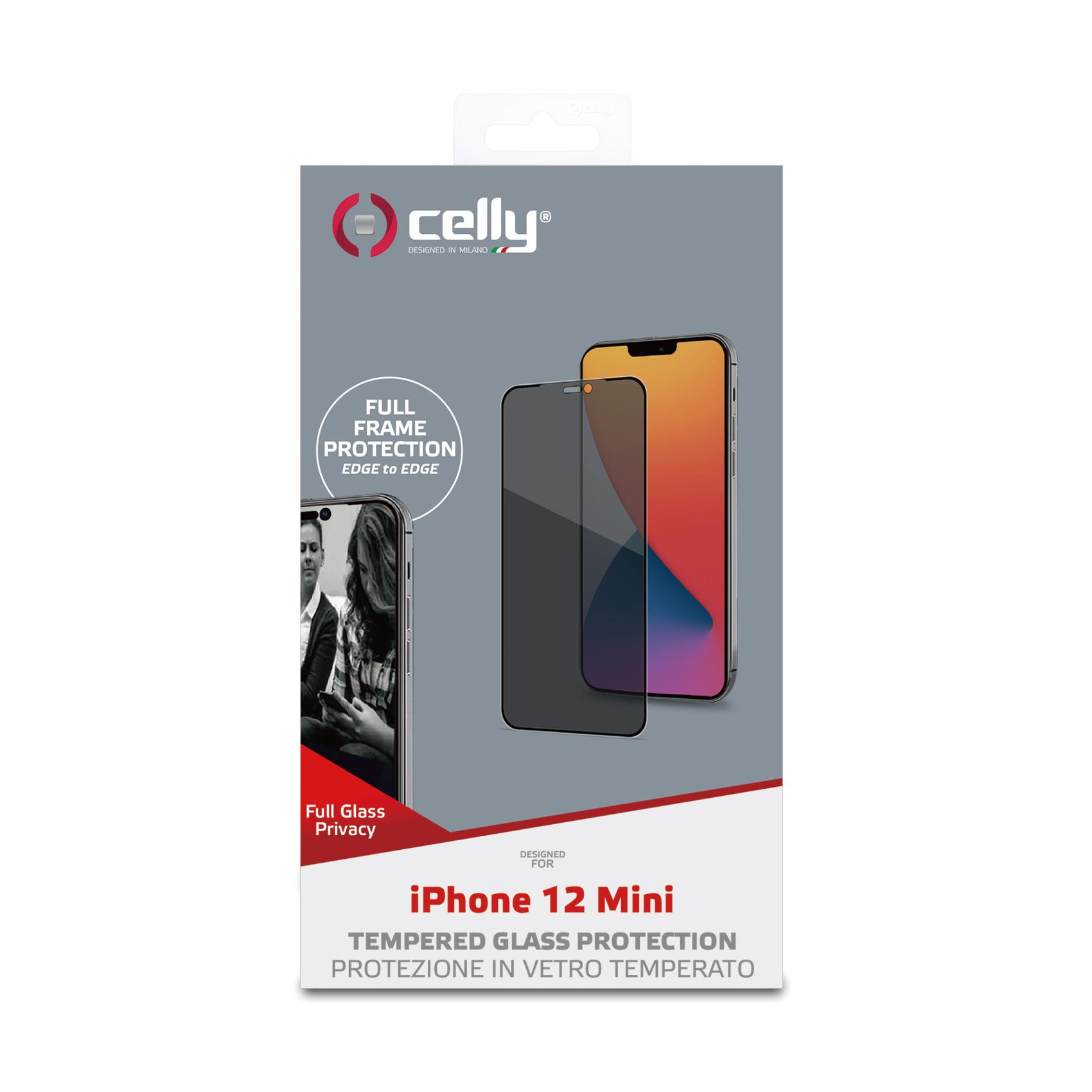 Scatola con immagine del telefono e protezione schermo per iPhone 12 Mini.