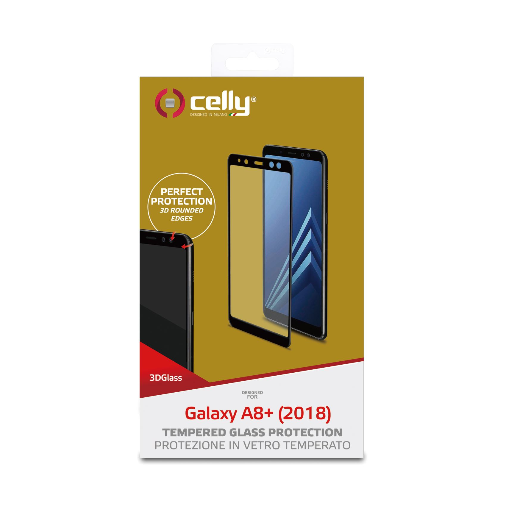 Proteggi schermo in vetro temperato per Galaxy A8+ (2018). Confezionato. Bianco.