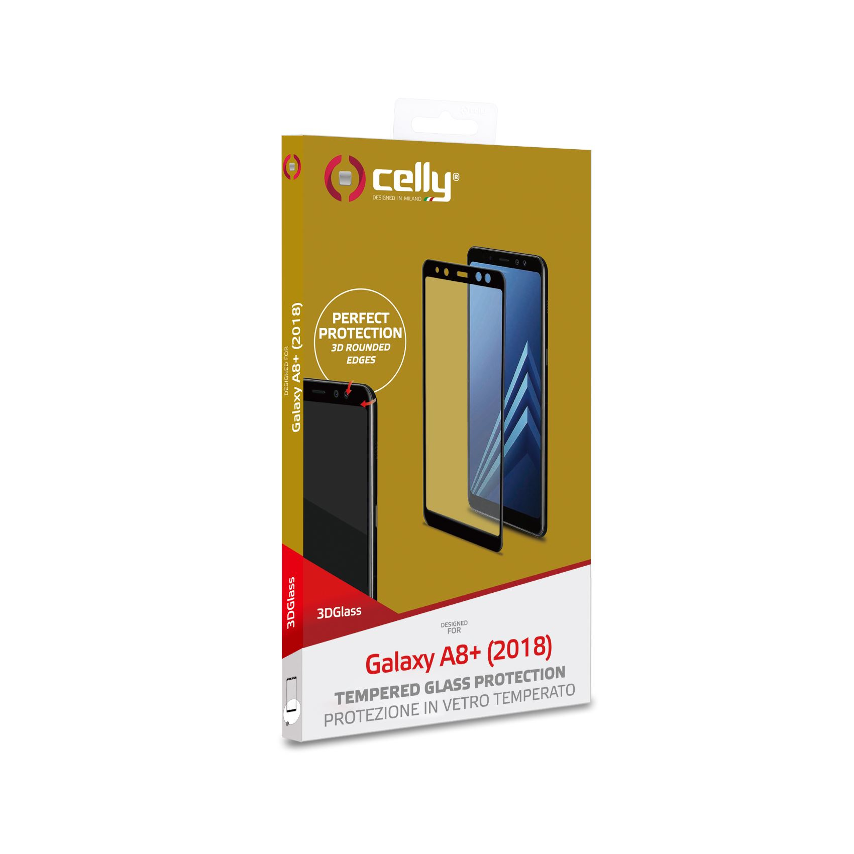 Scatola con protezione per telefono per Galaxy A8+ (2018) con illustrazione.