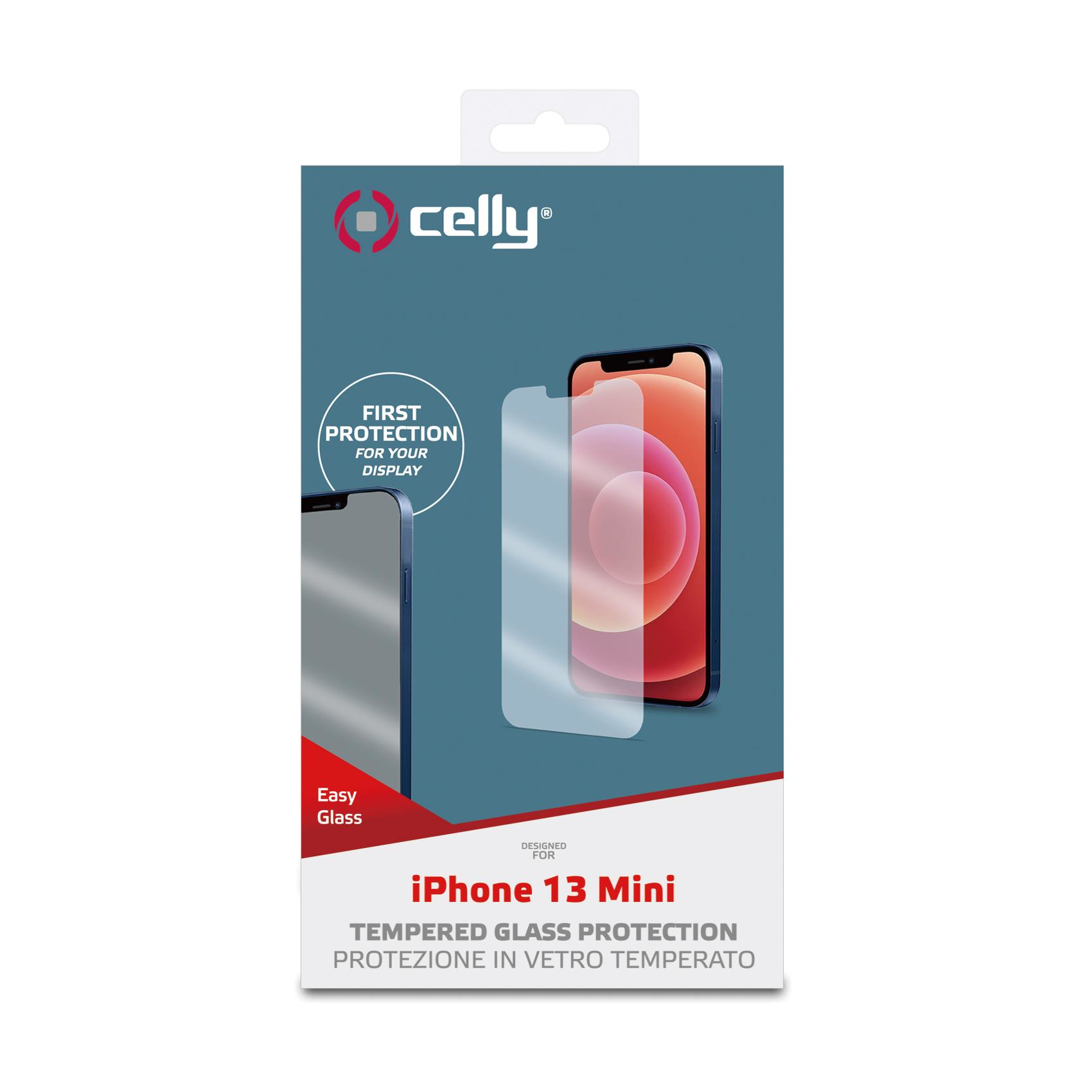 Scatola con iPhone e protezione schermo, etichettata 'iPhone 13 Mini'.