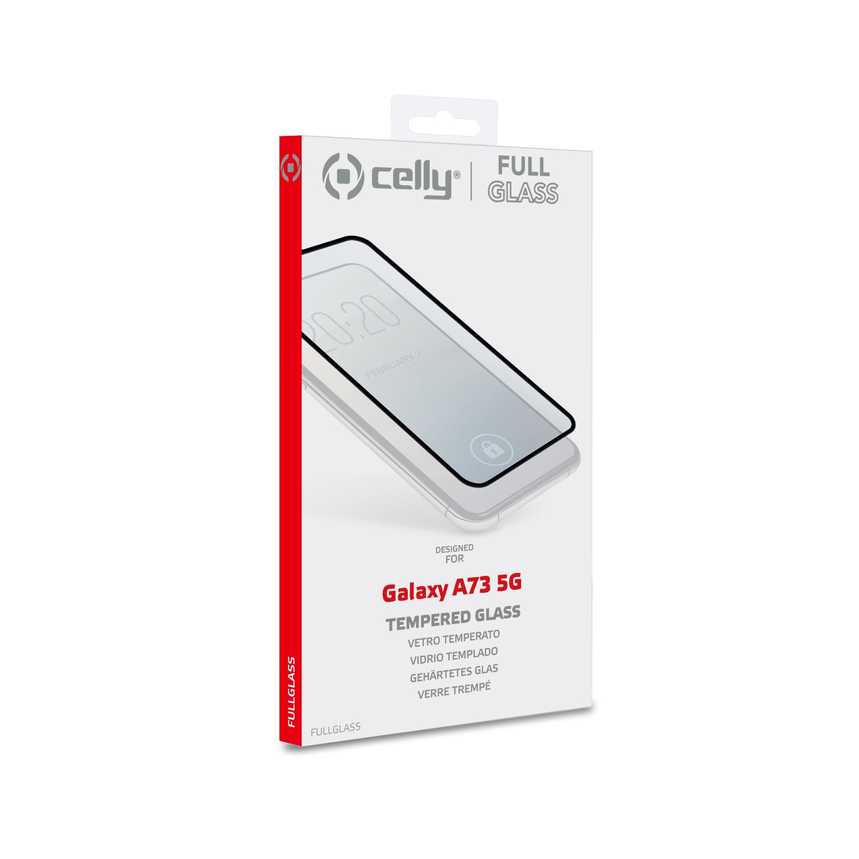 Scatola con immagine del telefono e protezione schermo per Galaxy A73 5G.