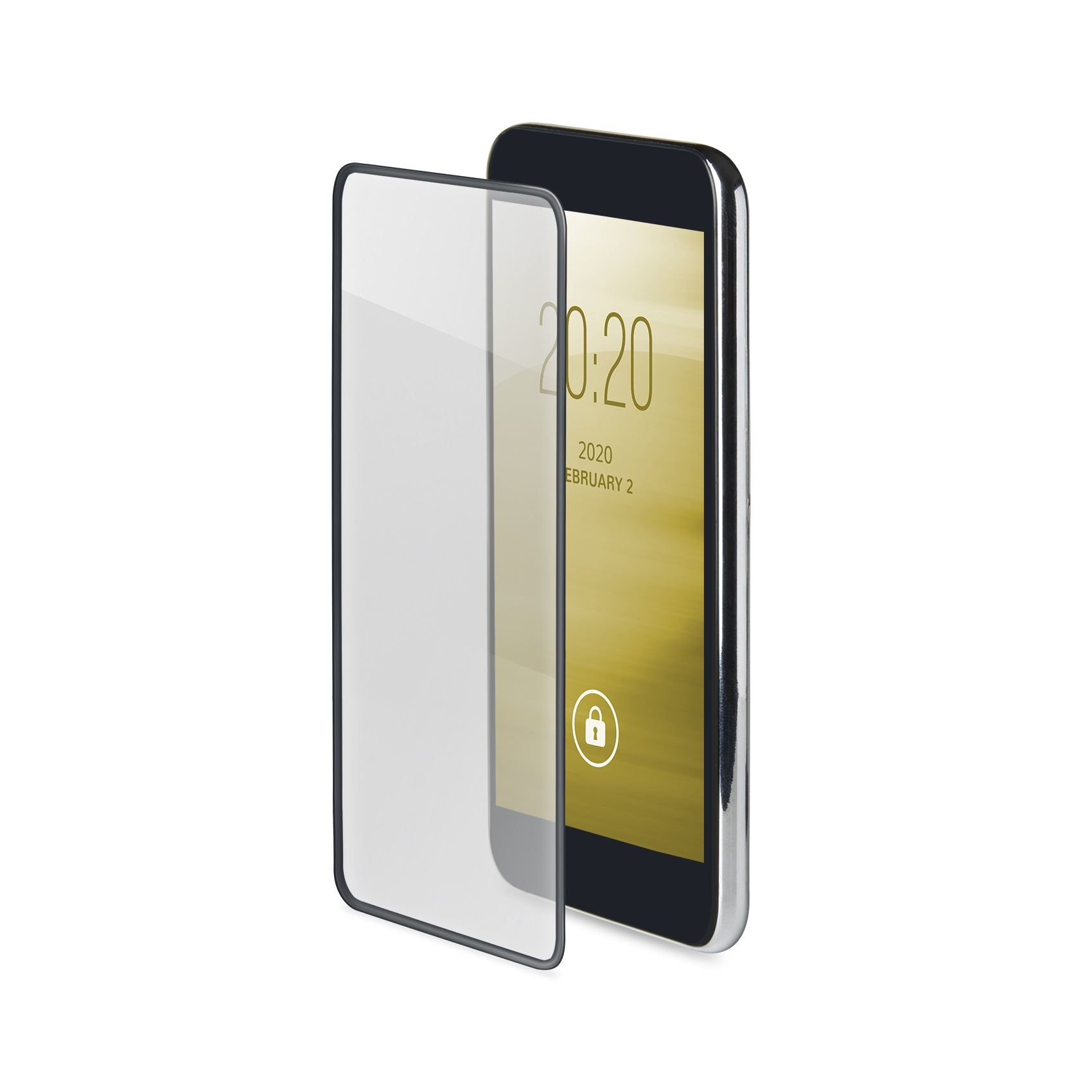 Telefono con protezione schermo. Sfondo bianco.