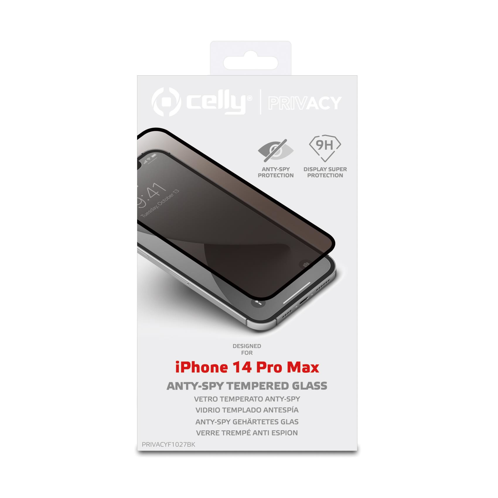 Una scatola con un iPhone Pro Max e una protezione schermo anti-spia. Lo schermo è scuro.