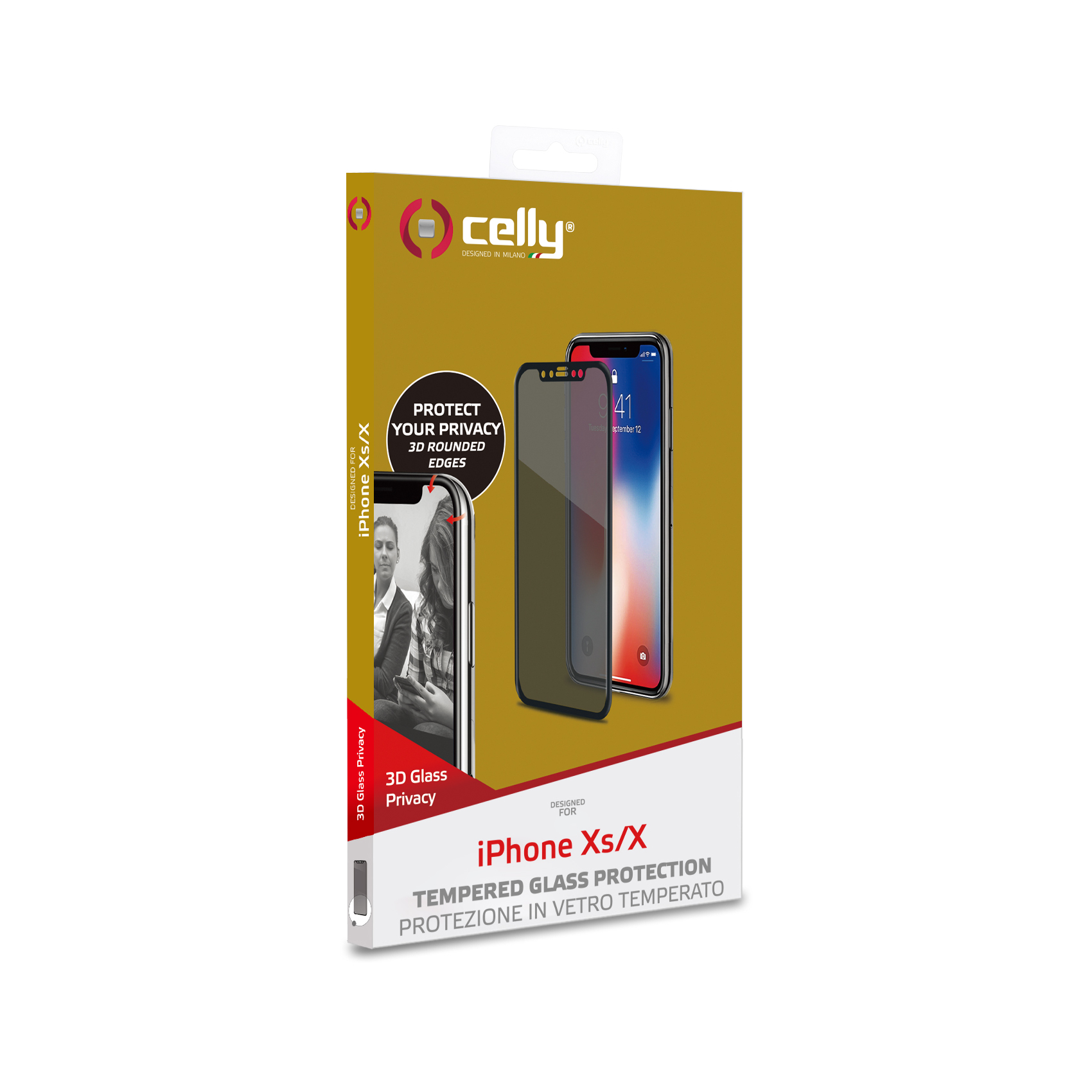 Scatola con un iPhone Xs/X e una protezione schermo anti-spia. Lo schermo è scuro.