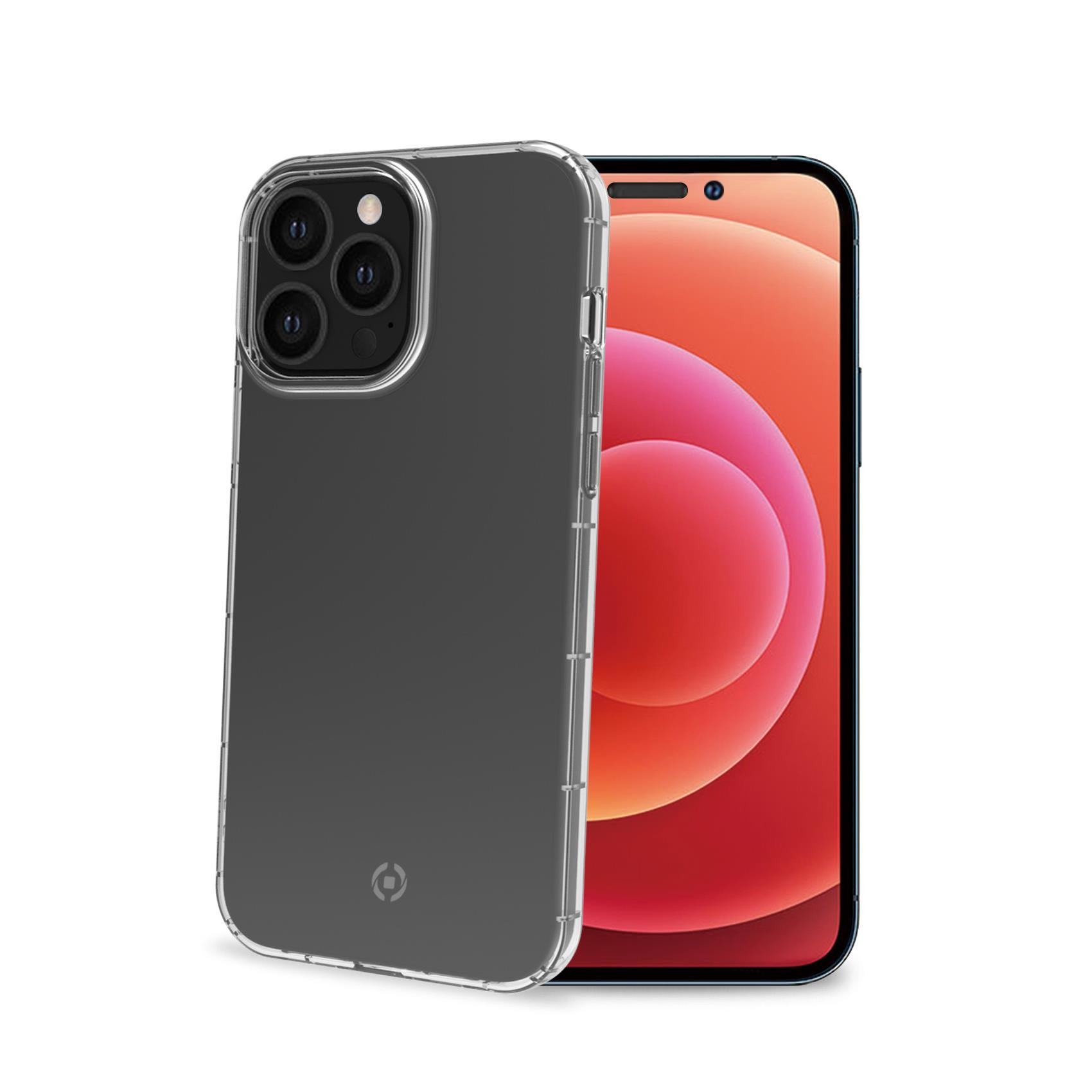 Smartphone con custodia trasparente, su sfondo bianco. La custodia mostra il telefono.