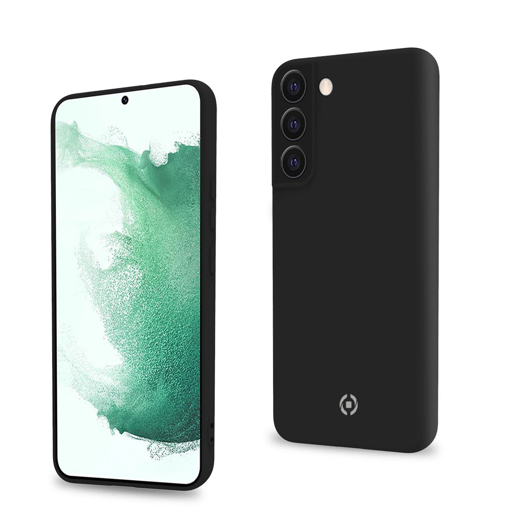 Custodia nera per telefono su sfondo bianco. Il telefono è nero. Tre obiettivi della fotocamera visibili.