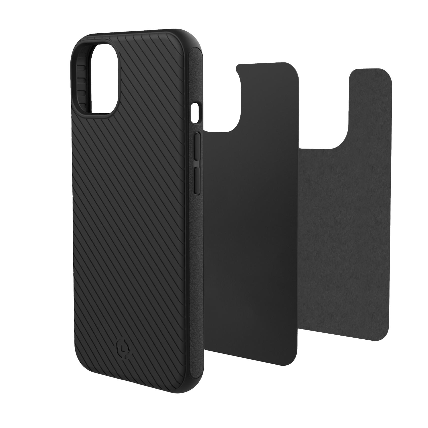 Funda de teléfono negra con líneas diagonales y una pieza negra separada.