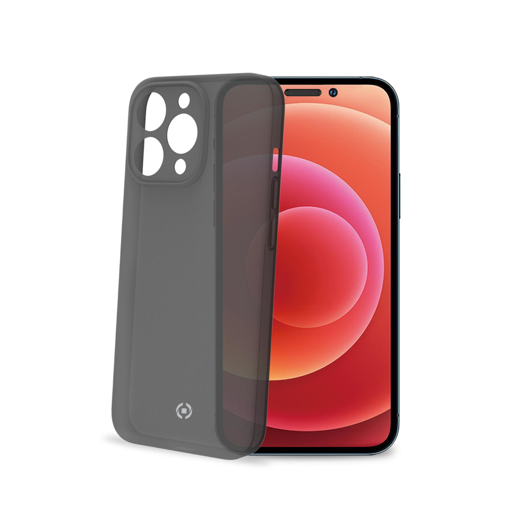Custodia grigio scuro per telefono accanto a un iPhone con schermo colorato.