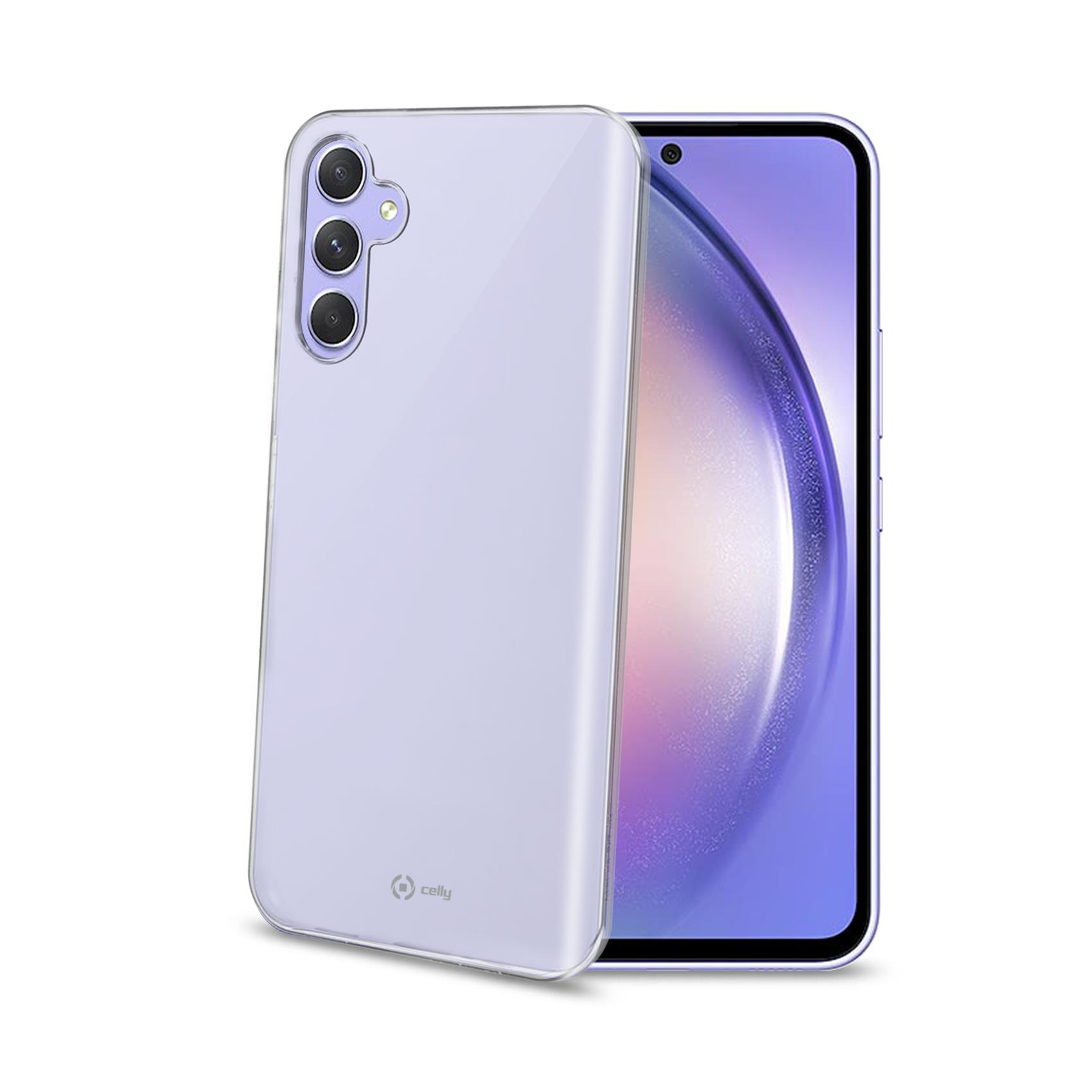 Custodia per telefono con telefono. La custodia è trasparente e viola. Tre obiettivi della fotocamera visibili.