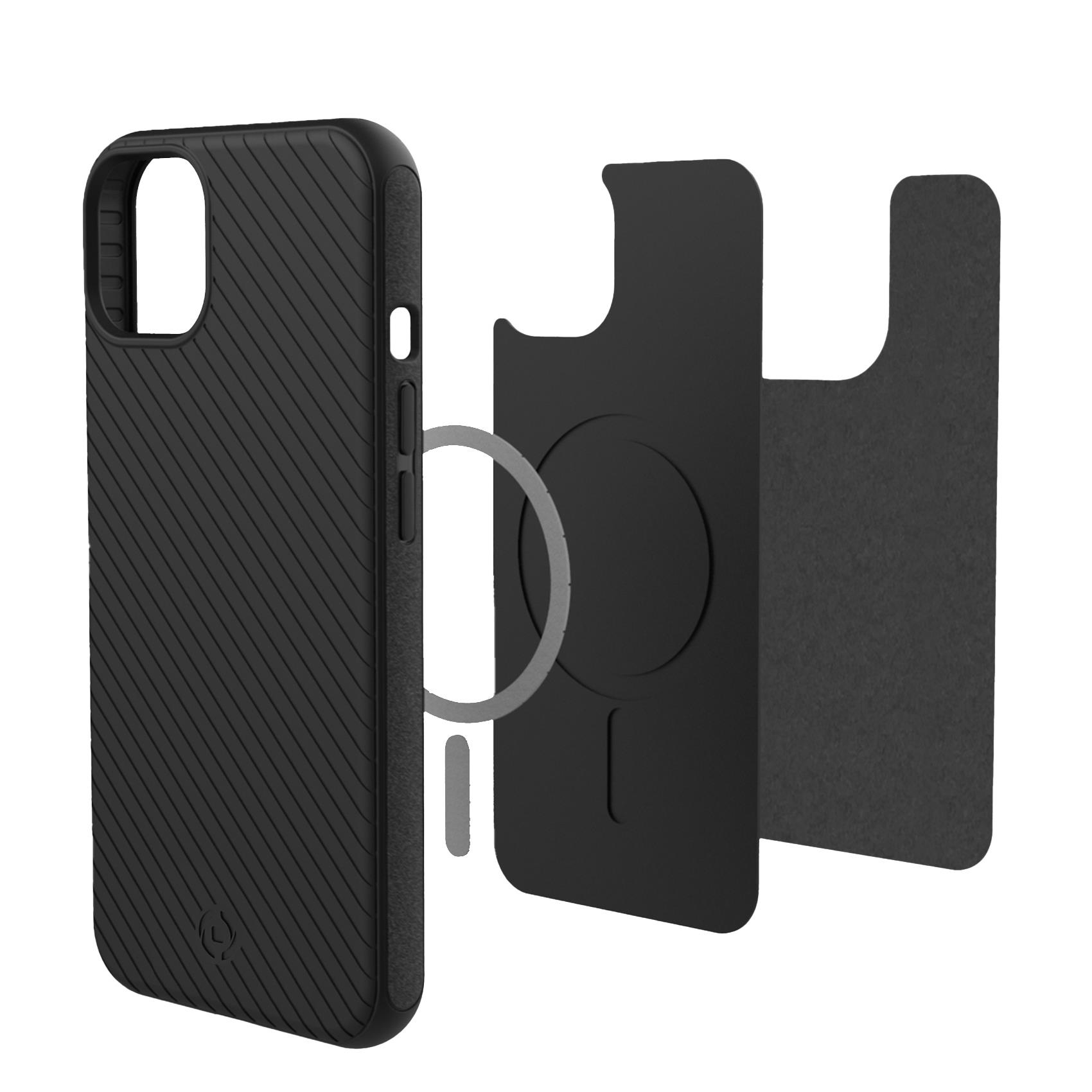 Custodia per telefono a pezzi. Custodia nera con cerchio nero. Componenti magnetici e custodia.