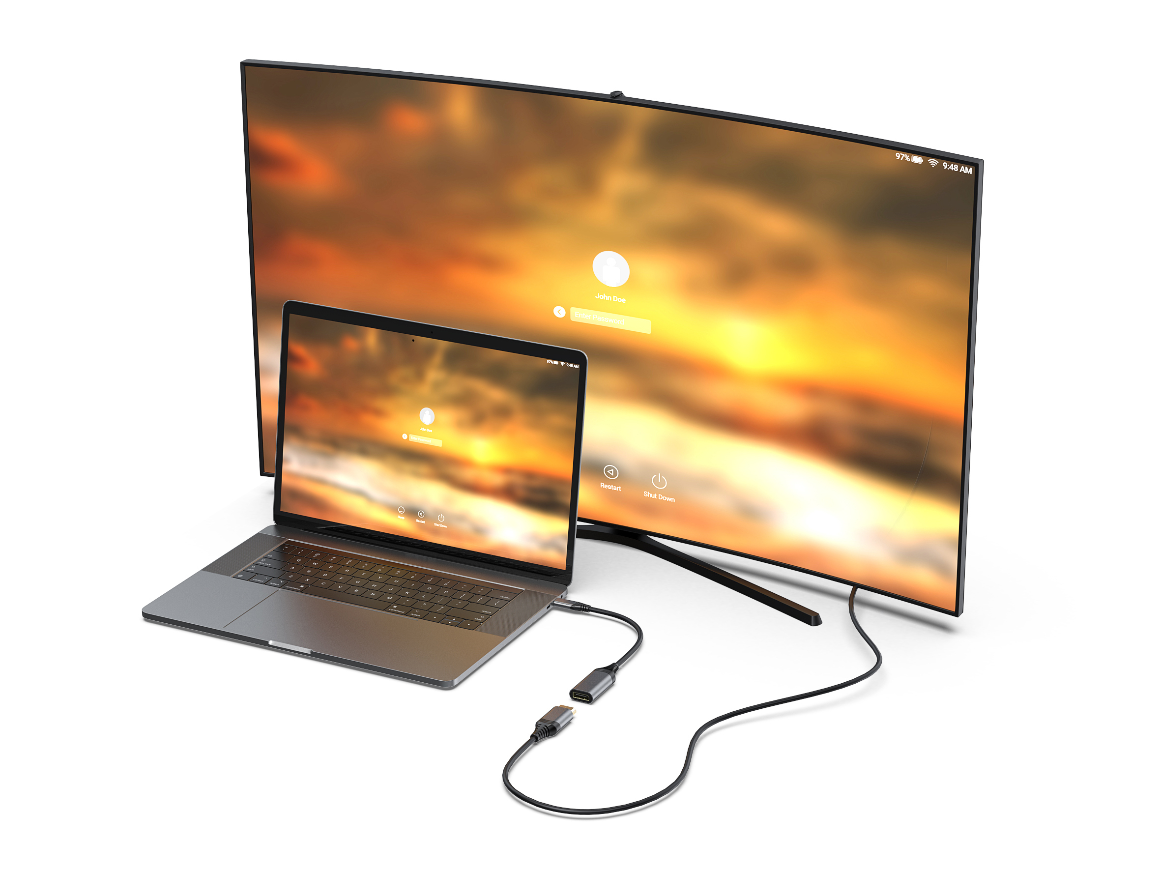 Laptop podłączony do monitora. Białe tło.
