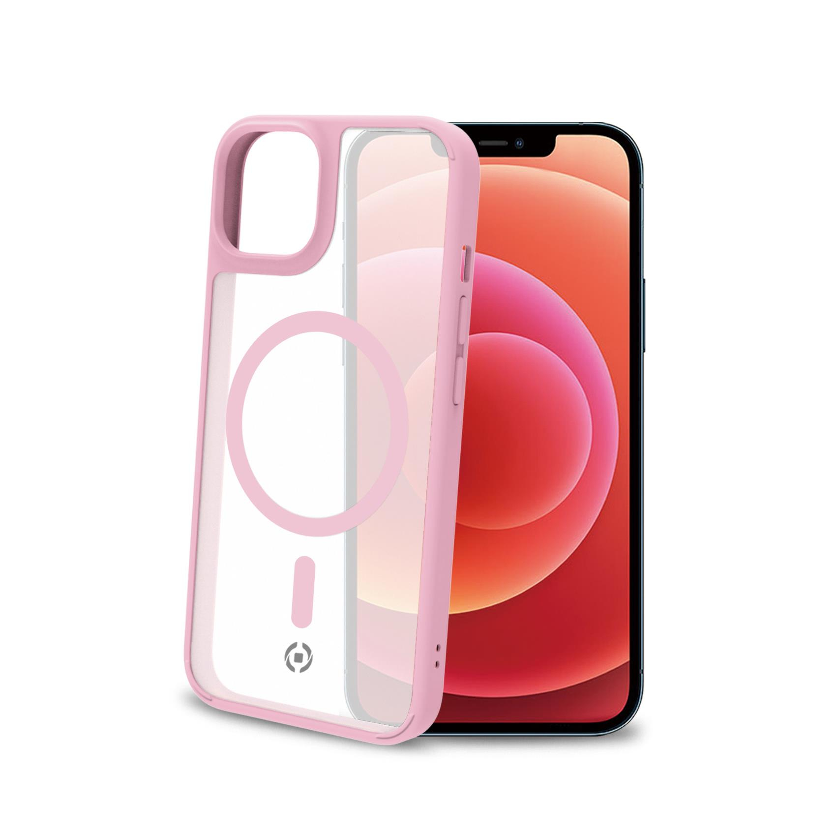 Custodia rosa per telefono accanto a un telefono. Sfondo bianco.