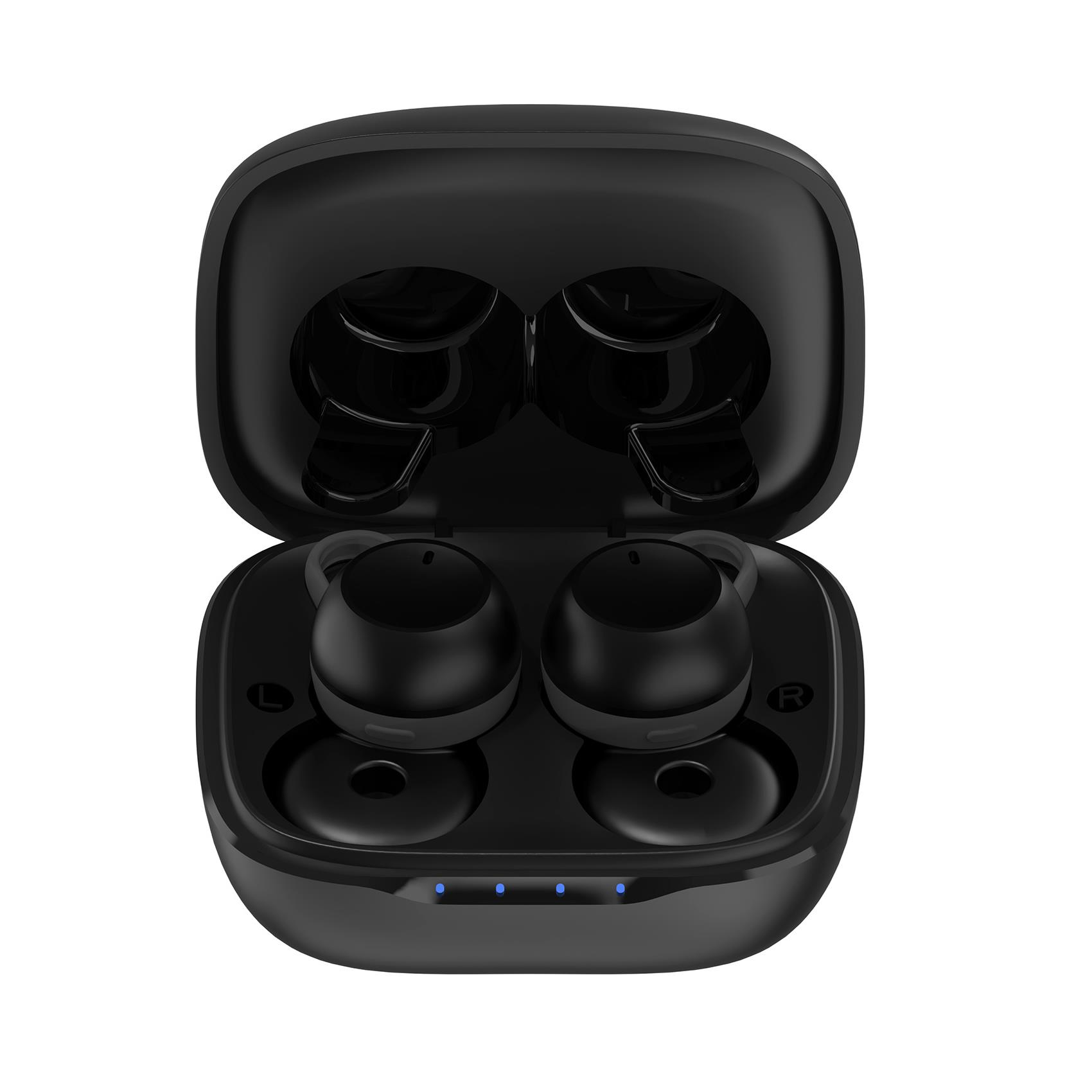 Czarne słuchawki w etui. Niebieskie światła. Białe tło.