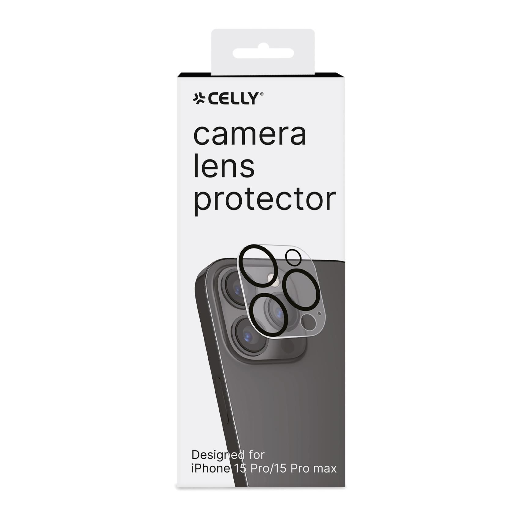 Protezione per obiettivo della fotocamera per iPhone in una scatola. Il telefono è visibile.