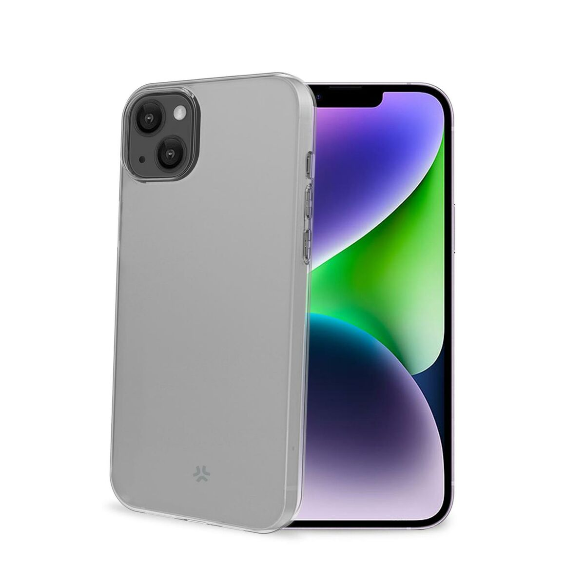 Una custodia grigia per telefono accanto a un iPhone. Il telefono ha uno schermo colorato.