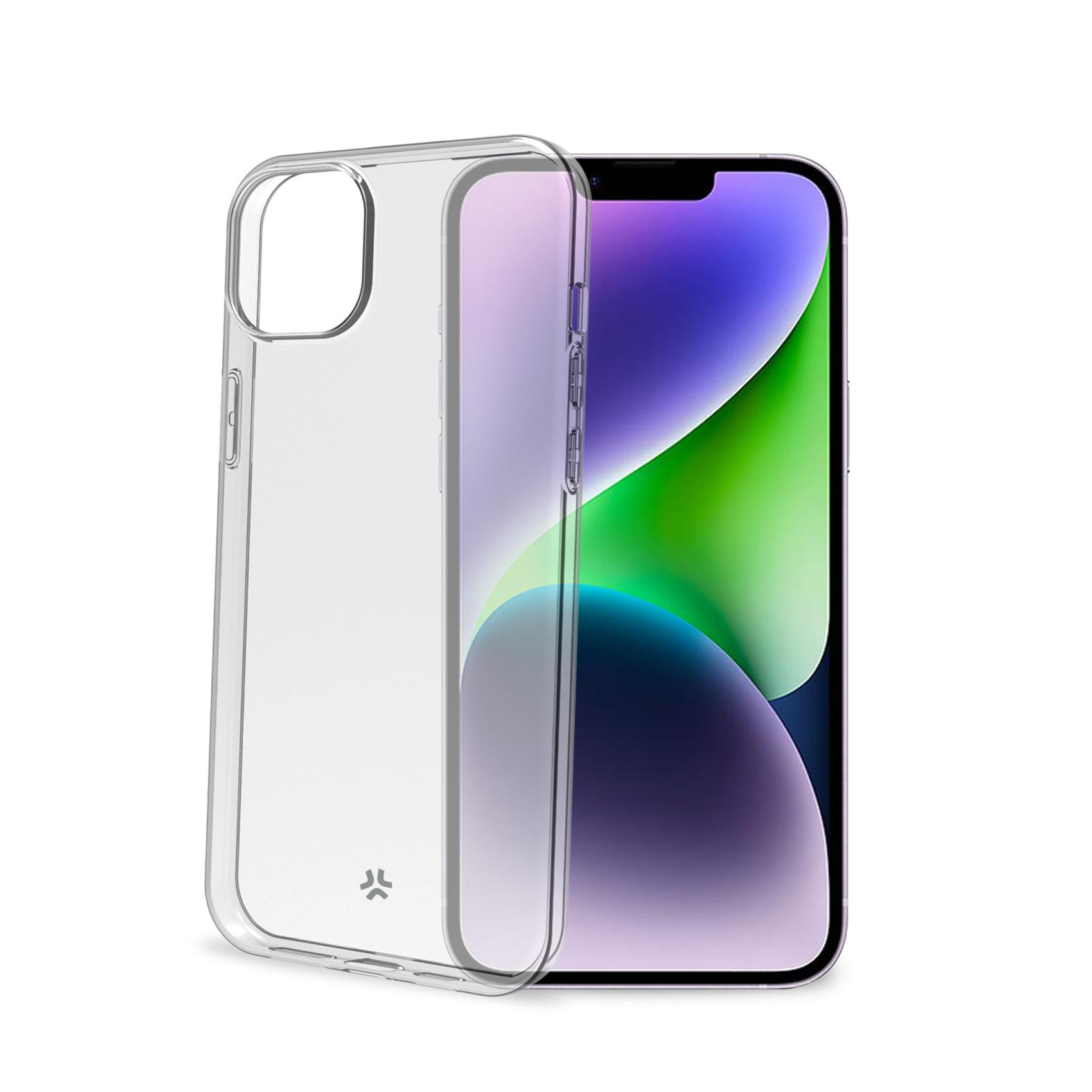 Una custodia trasparente per telefono accanto a un iPhone. Il telefono mostra uno schermo colorato.