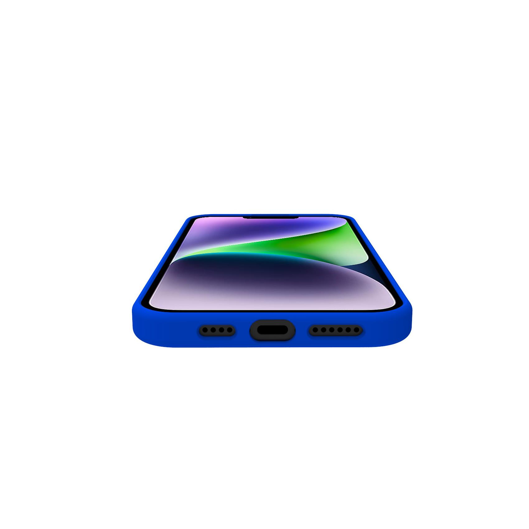 Telefono blu, che mostra uno schermo con sfumatura verde e viola.