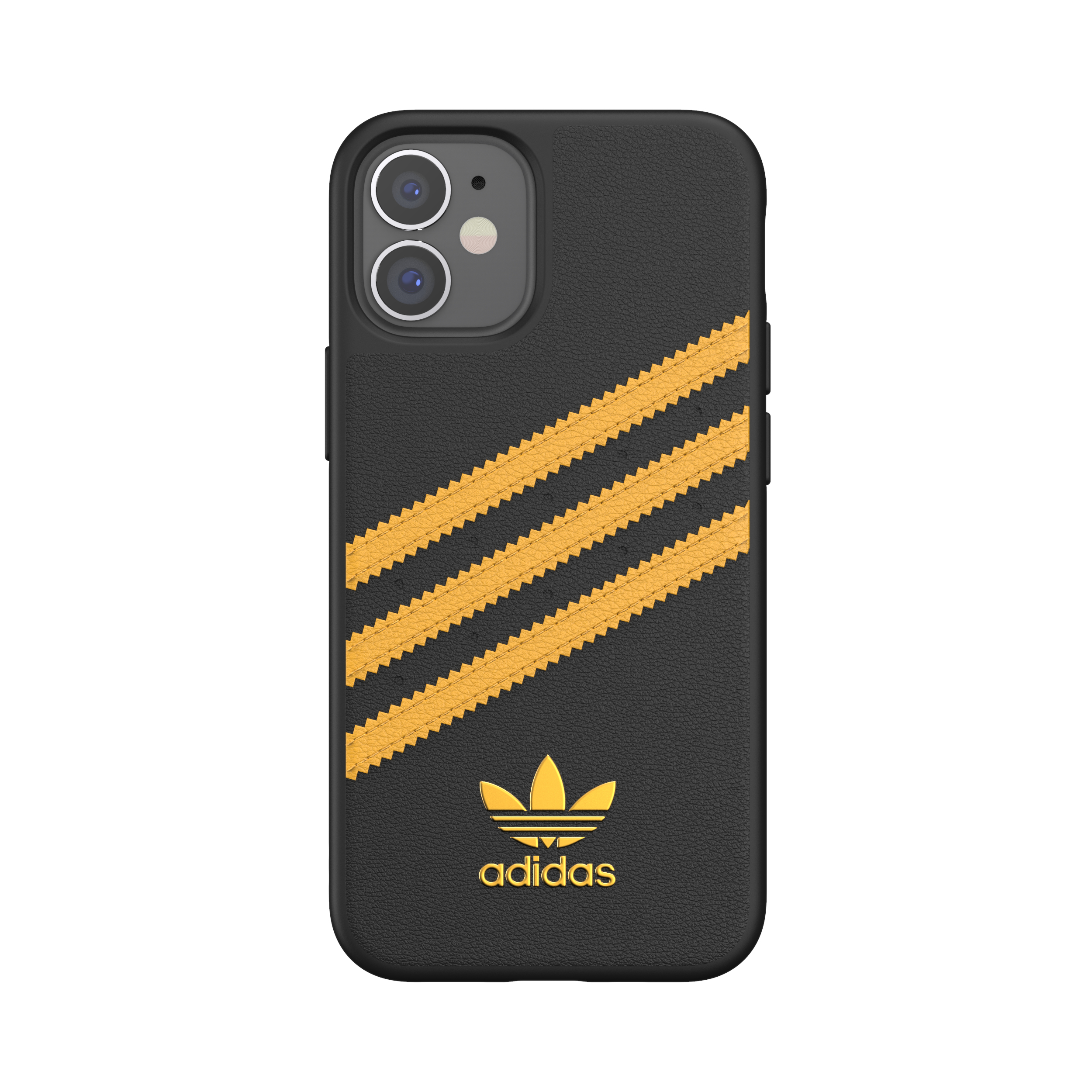 Custodia nera con strisce e logo Adidas gialli.