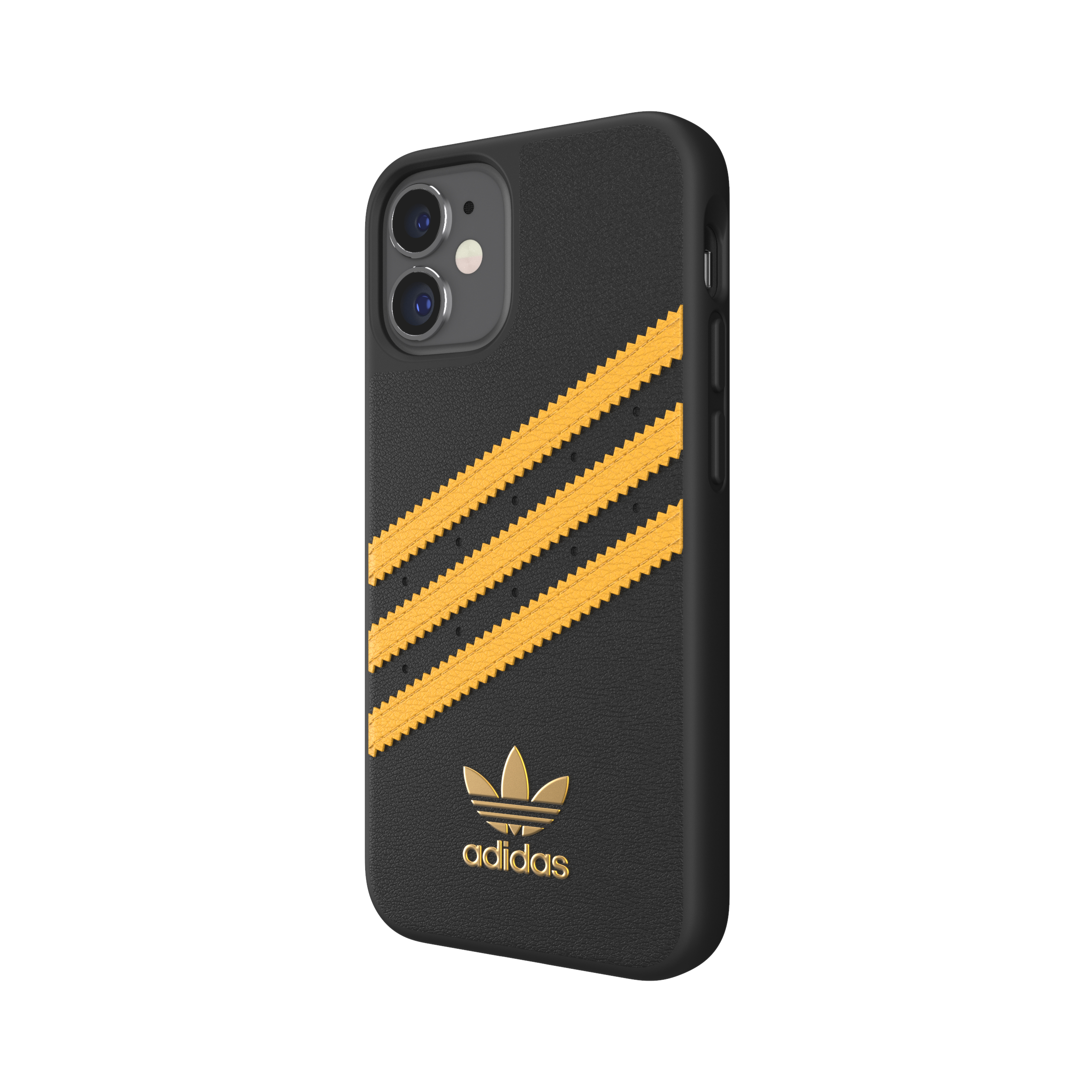 Custodia per iPhone nera con strisce Adidas gialle e logo.