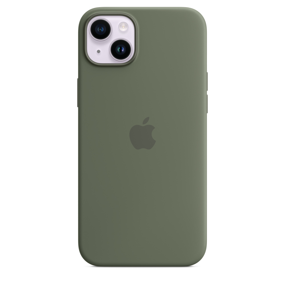 Un iPhone verde oliva con un rigonfiamento della fotocamera e un logo Apple sul retro.