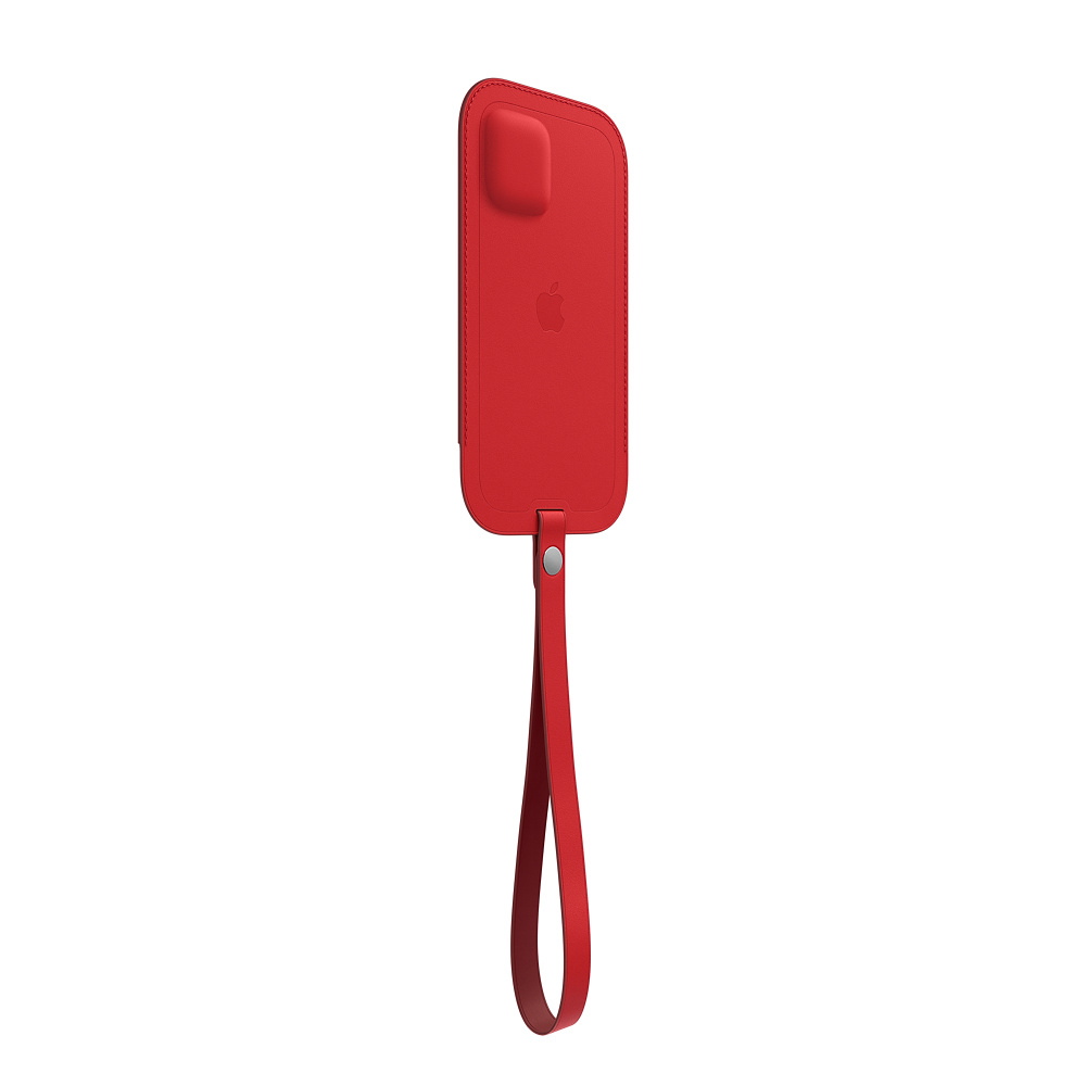 Coque de téléphone rouge avec lanière. Logo Apple au dos. Isolé sur fond blanc.