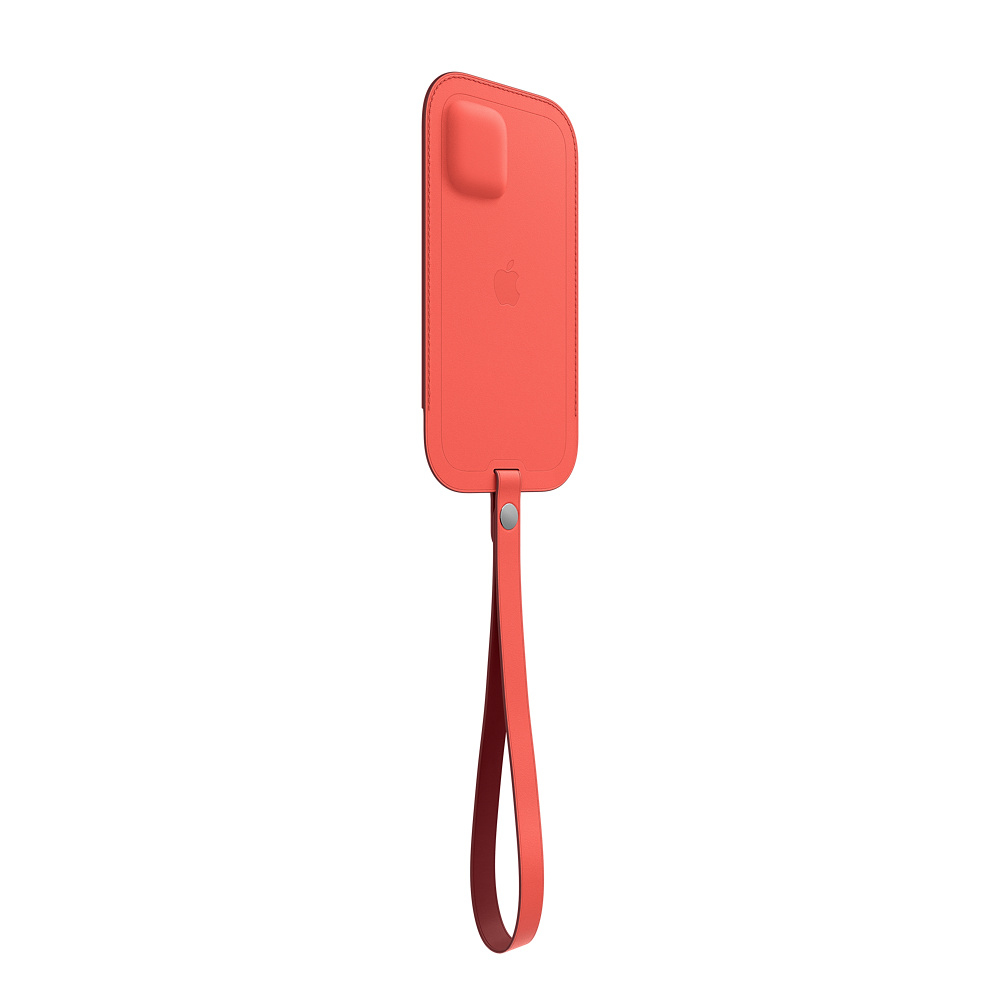 Coque de téléphone rouge avec lanière. Logo Apple au dos. Isolé sur fond blanc.