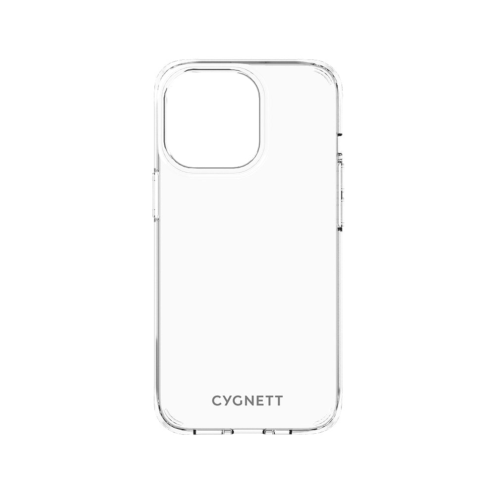 Custodia trasparente per telefono con logo Cygnett in basso. Sfondo bianco.