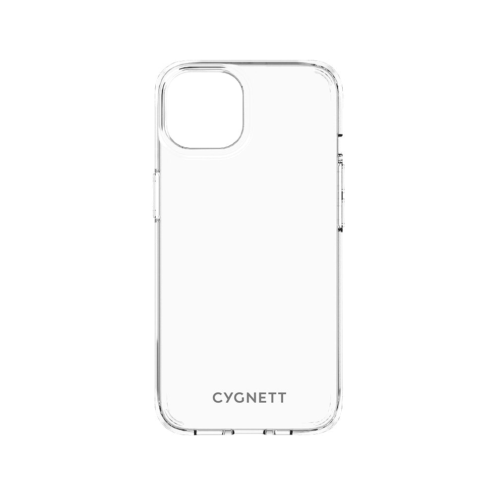 Custodia trasparente con marchio Cygnett visibile.