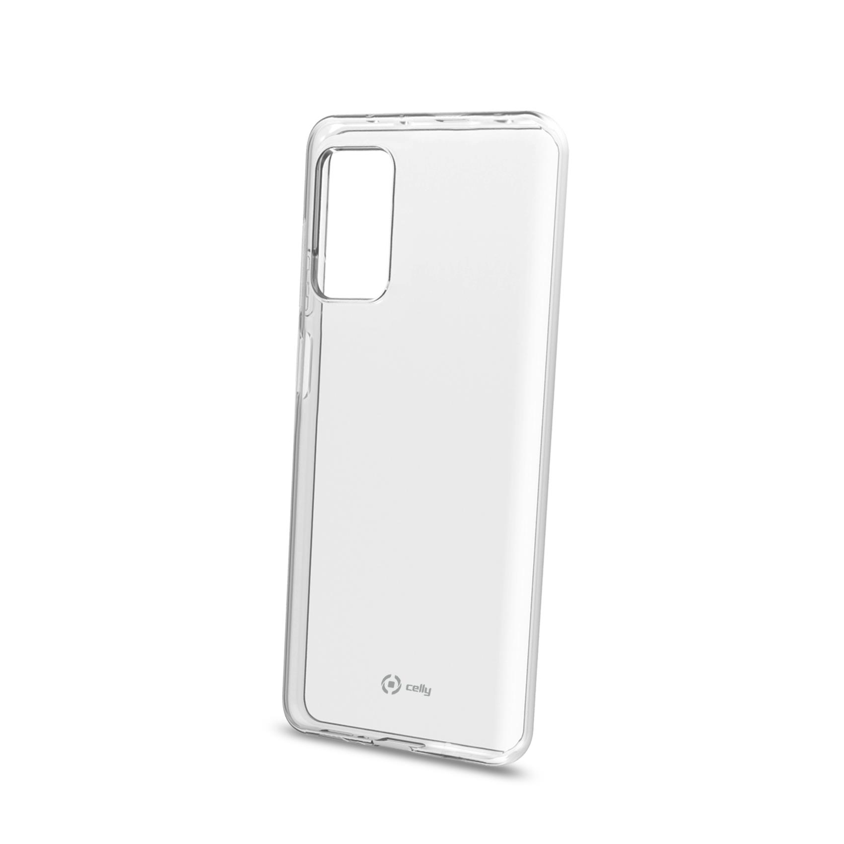 Custodia trasparente per telefono con il logo Celly. Sfondo bianco.