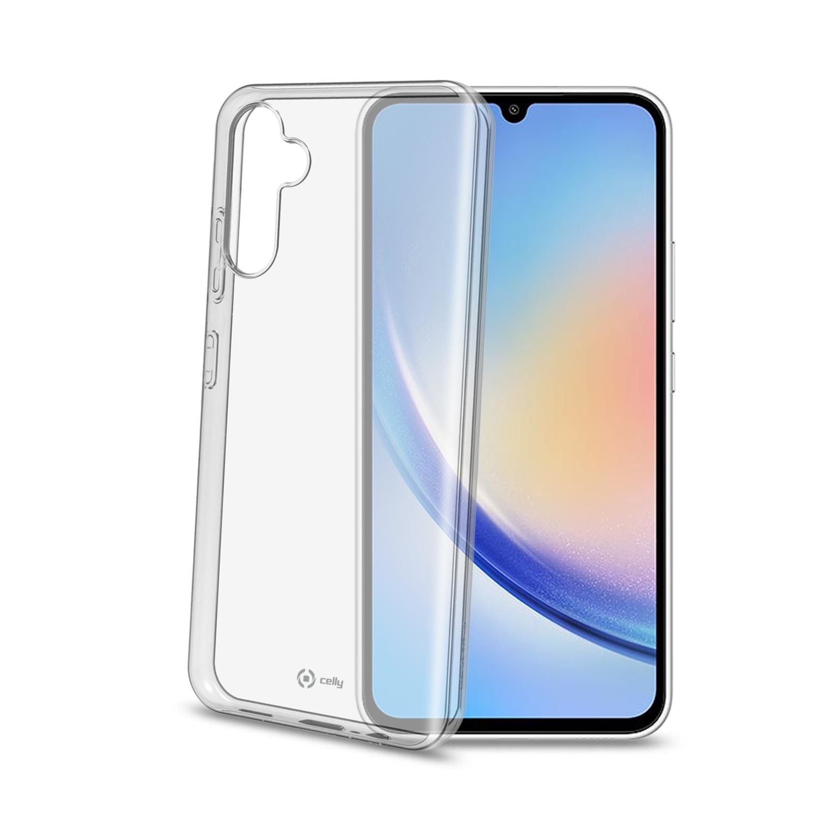 Custodia trasparente su un telefono, con schermo blu e bianco.