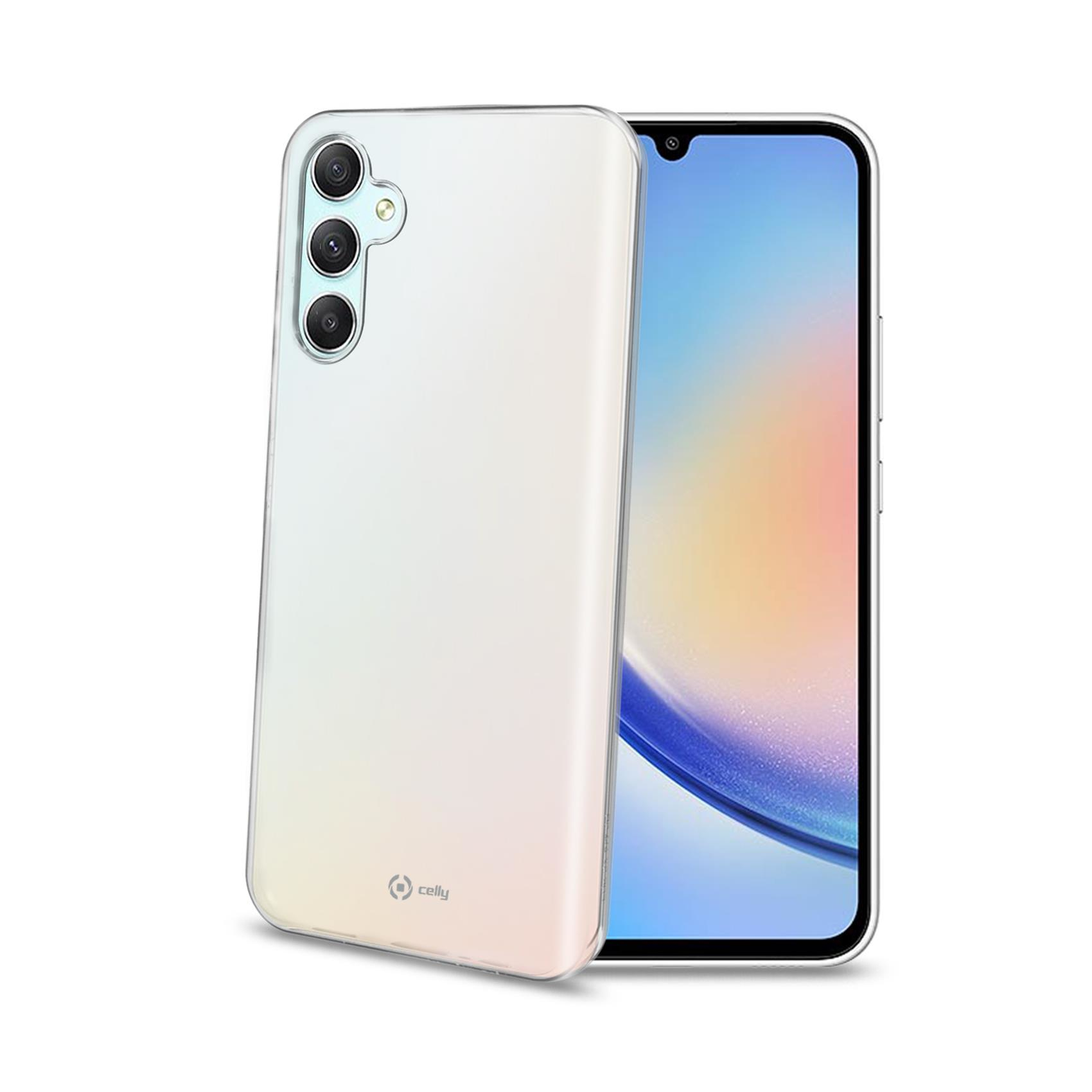 Custodia trasparente su un telefono, con schermo colorato.