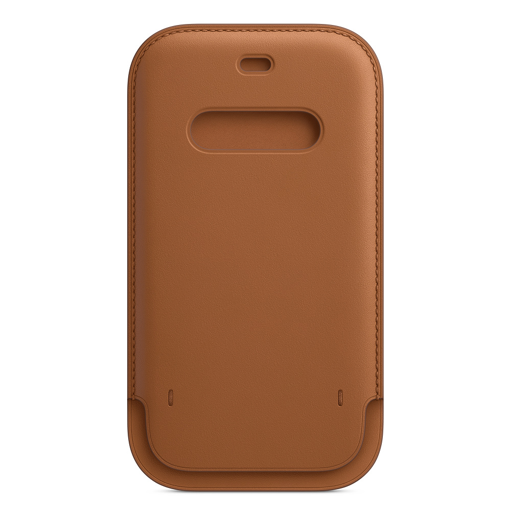 Bruine leren iPhone-hoes. De achterkant is zichtbaar met een gat voor de camera.