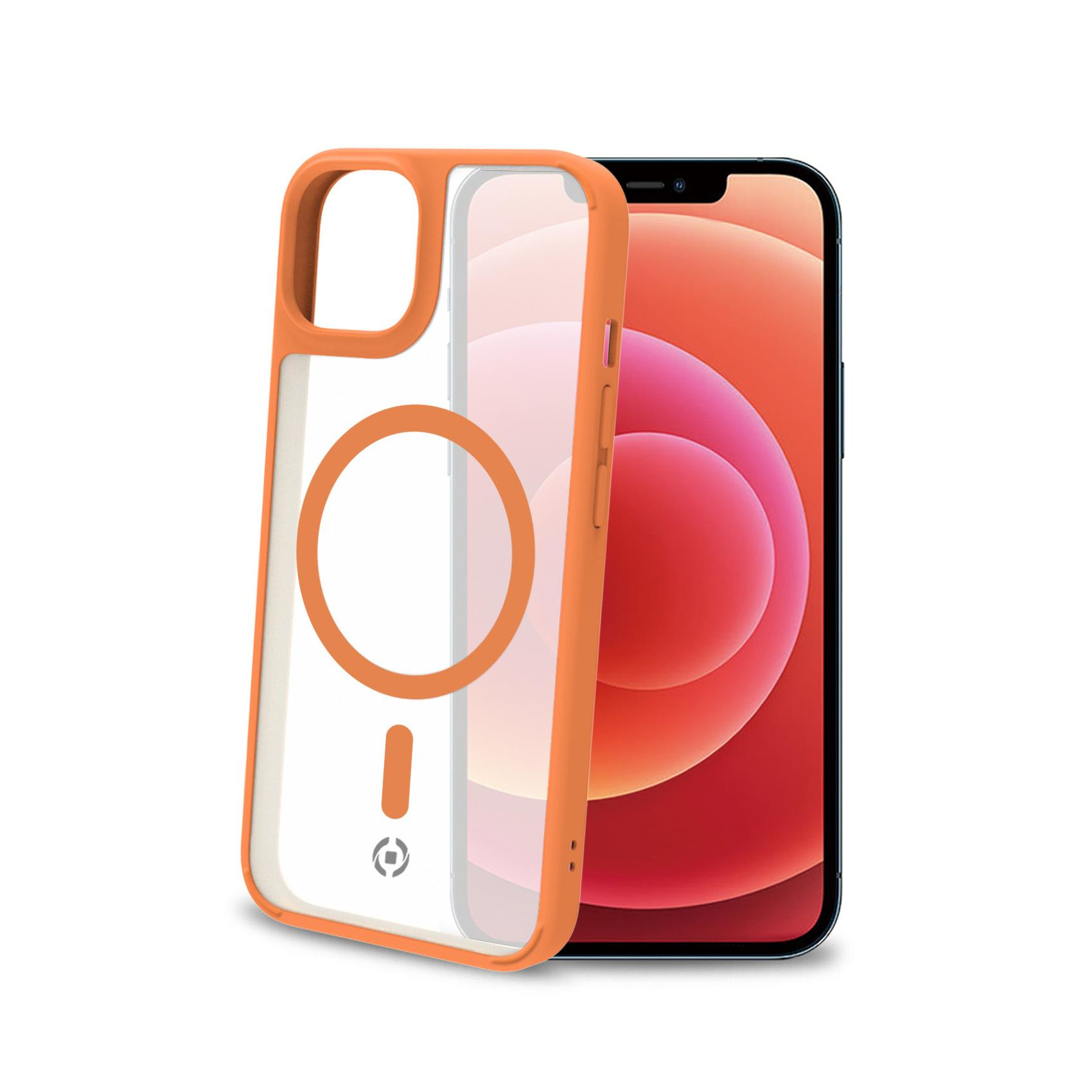 Custodia arancione con area magnetica circolare e un iPhone.