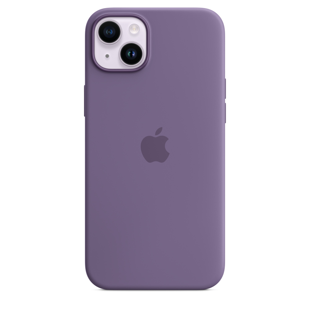 Fioletowe etui na iPhone'a z podwójnymi aparatami i logo Apple. Telefon jest w środku.