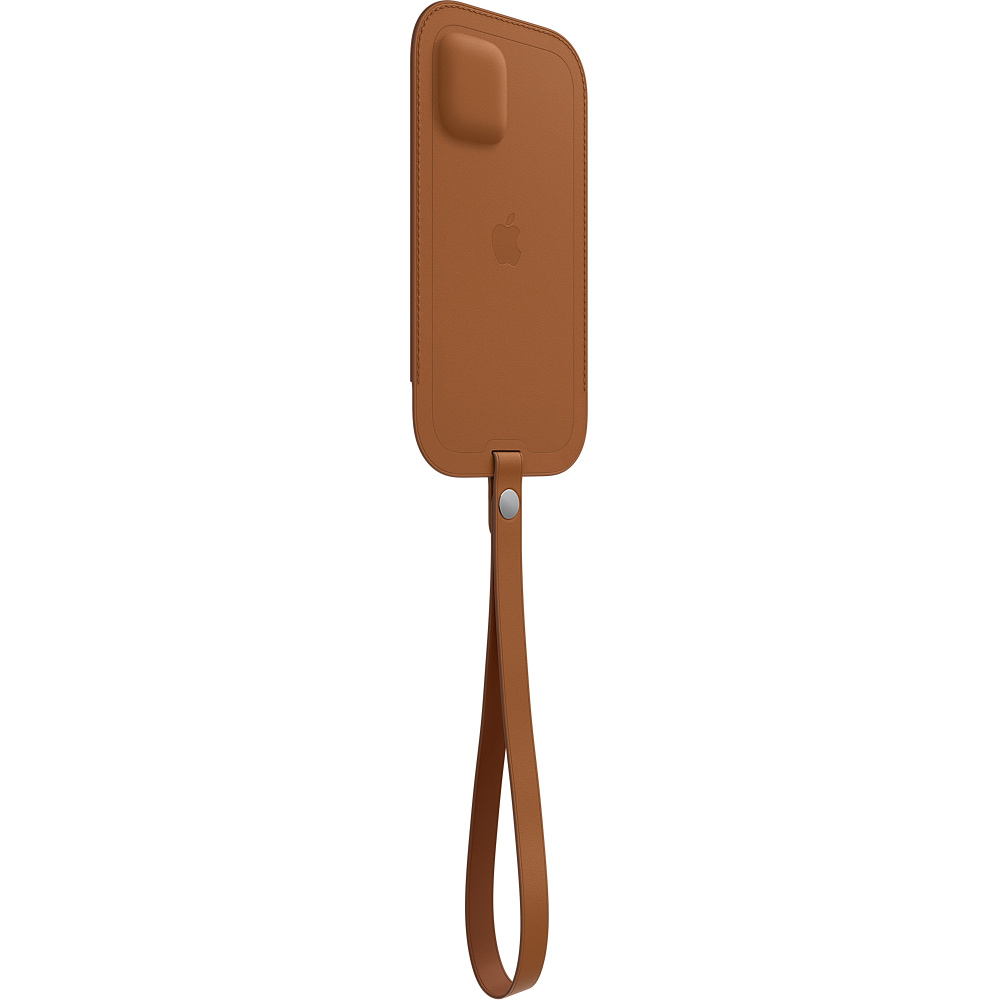 Un étui de téléphone en cuir marron avec une dragonne et le logo Apple.