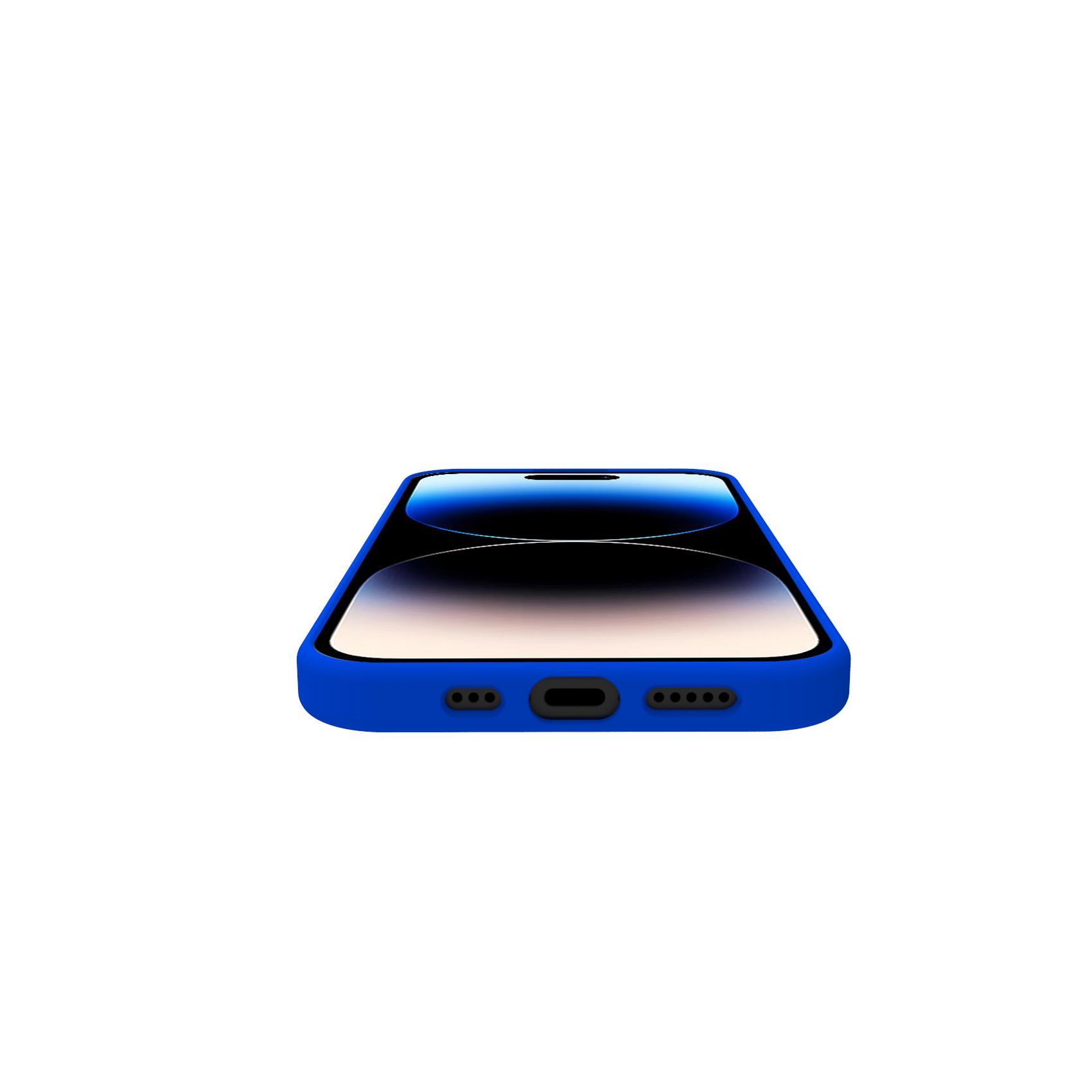 Custodia blu per telefono. Il telefono è dentro, la parte inferiore è visibile.