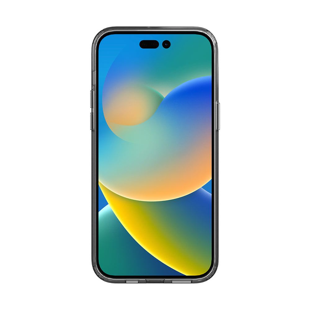 Telefono in custodia trasparente. Ha fotocamere e schermo con sfondo blu.