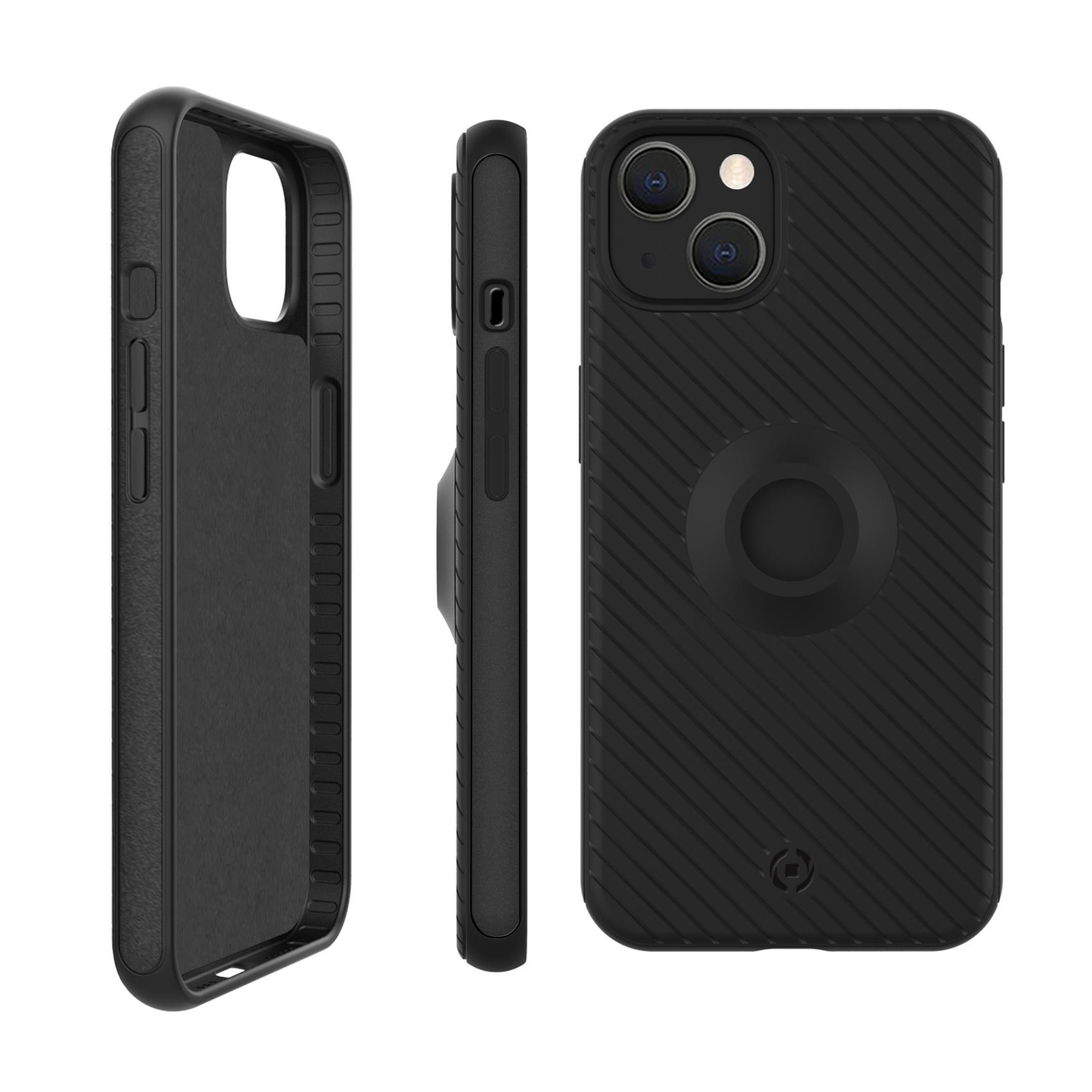 Una custodia per telefono nera con tre viste che mostrano il design esterno.