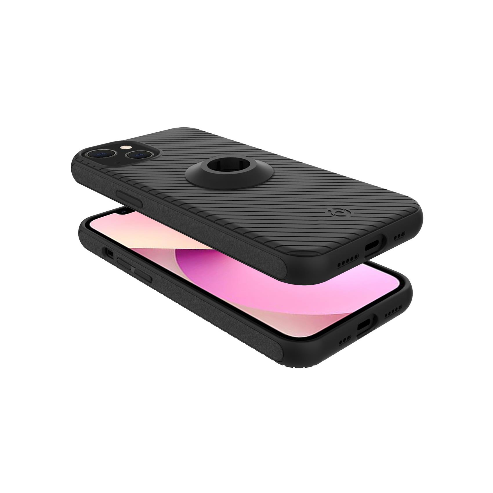 Un telefono nero in una custodia nera con un supporto ad anello sul retro.