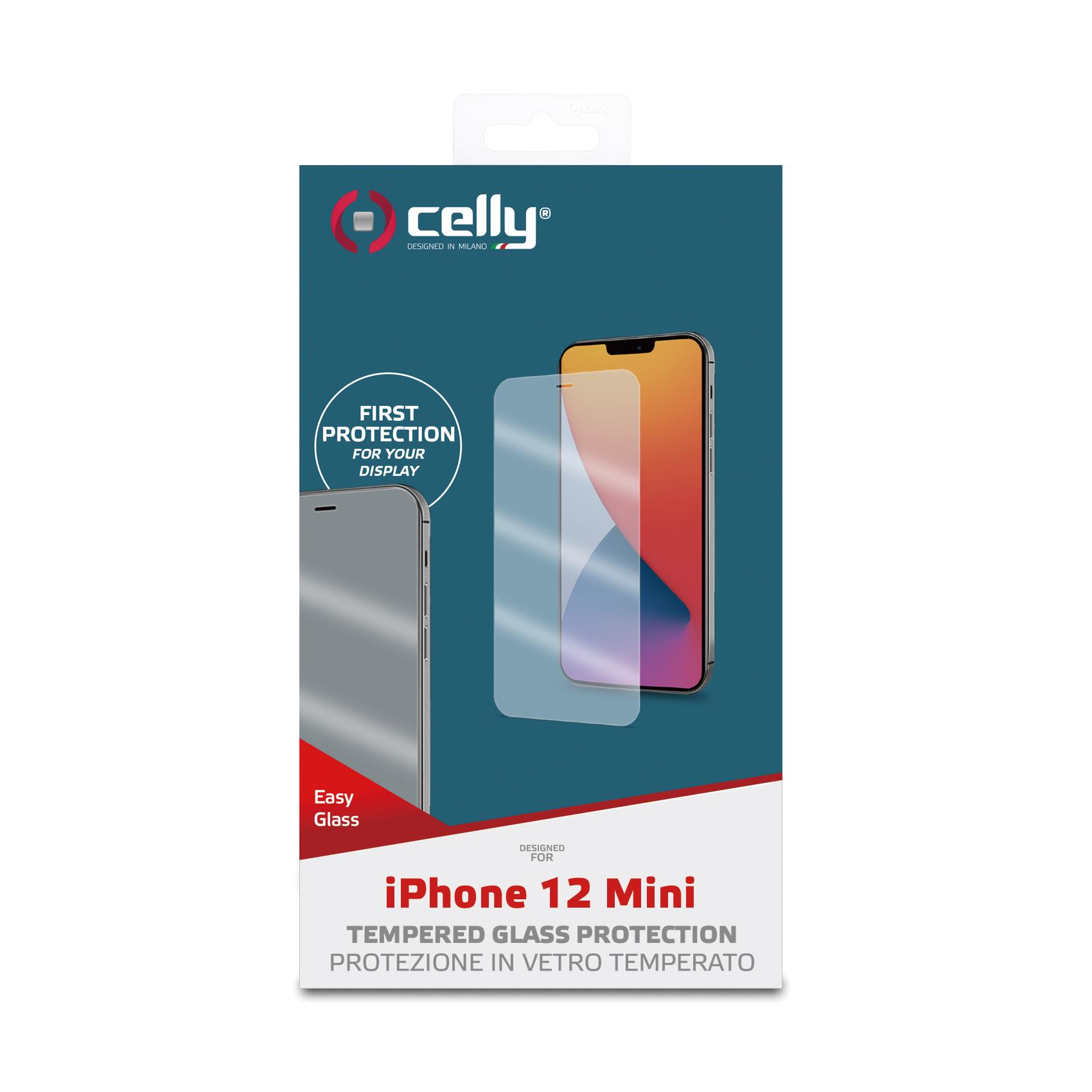 Confezione per protezione schermo iPhone 12 Mini, con display del telefono.