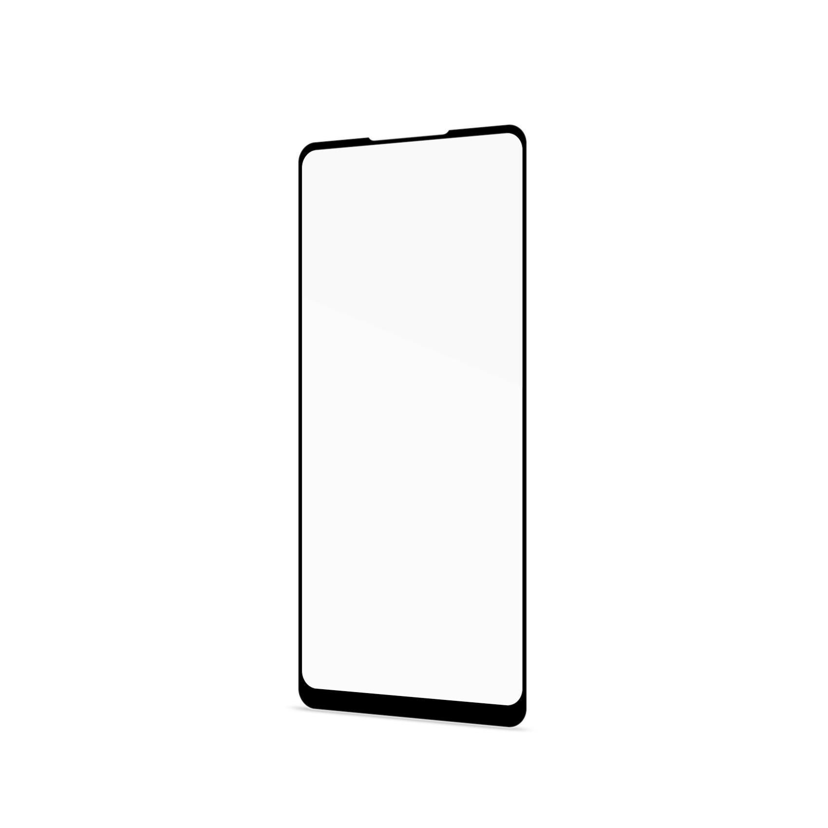 Un proteggi schermo con cornice nera per un telefono, con schermo bianco.