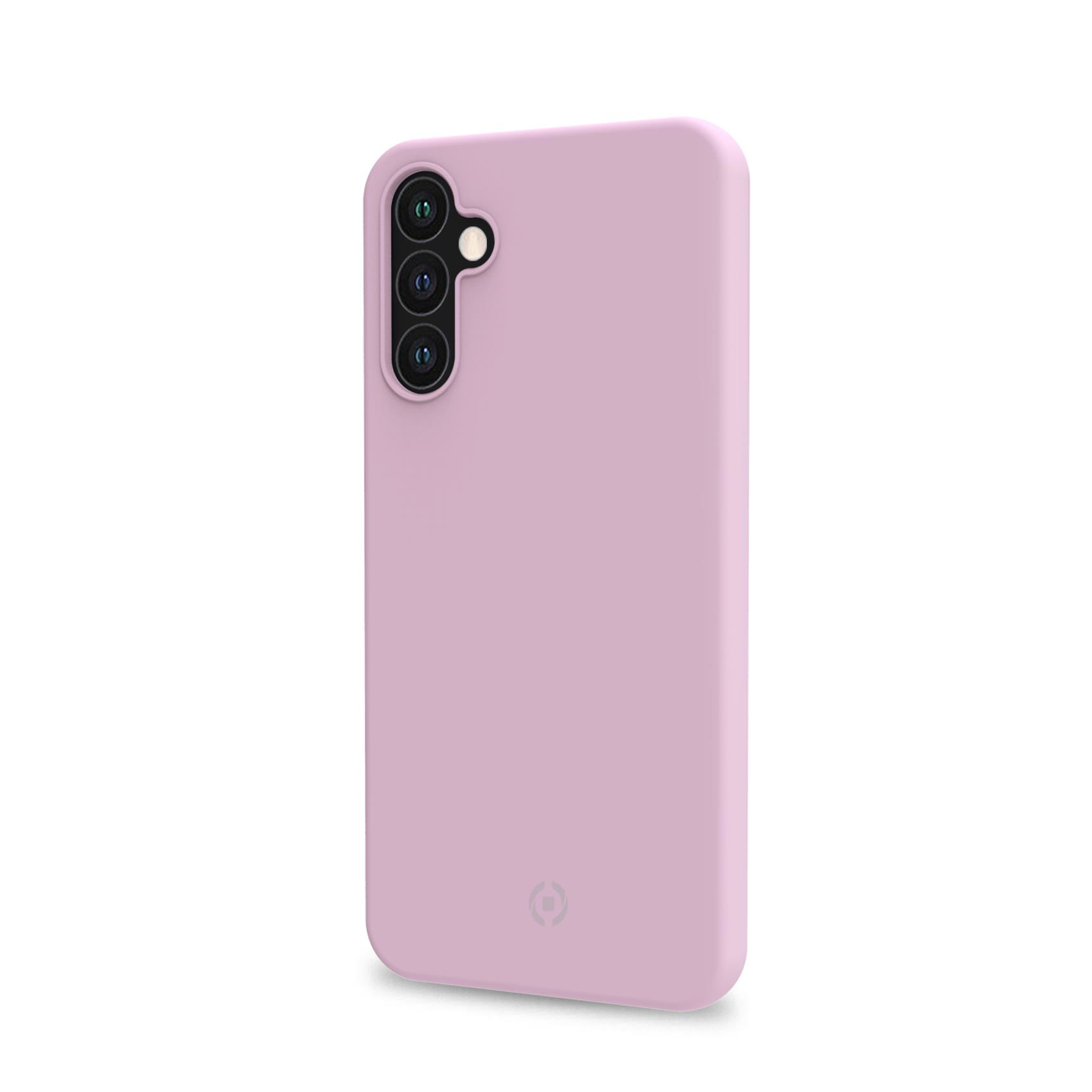Una custodia per telefono viola chiaro per un telefono cellulare con tre fotocamere.