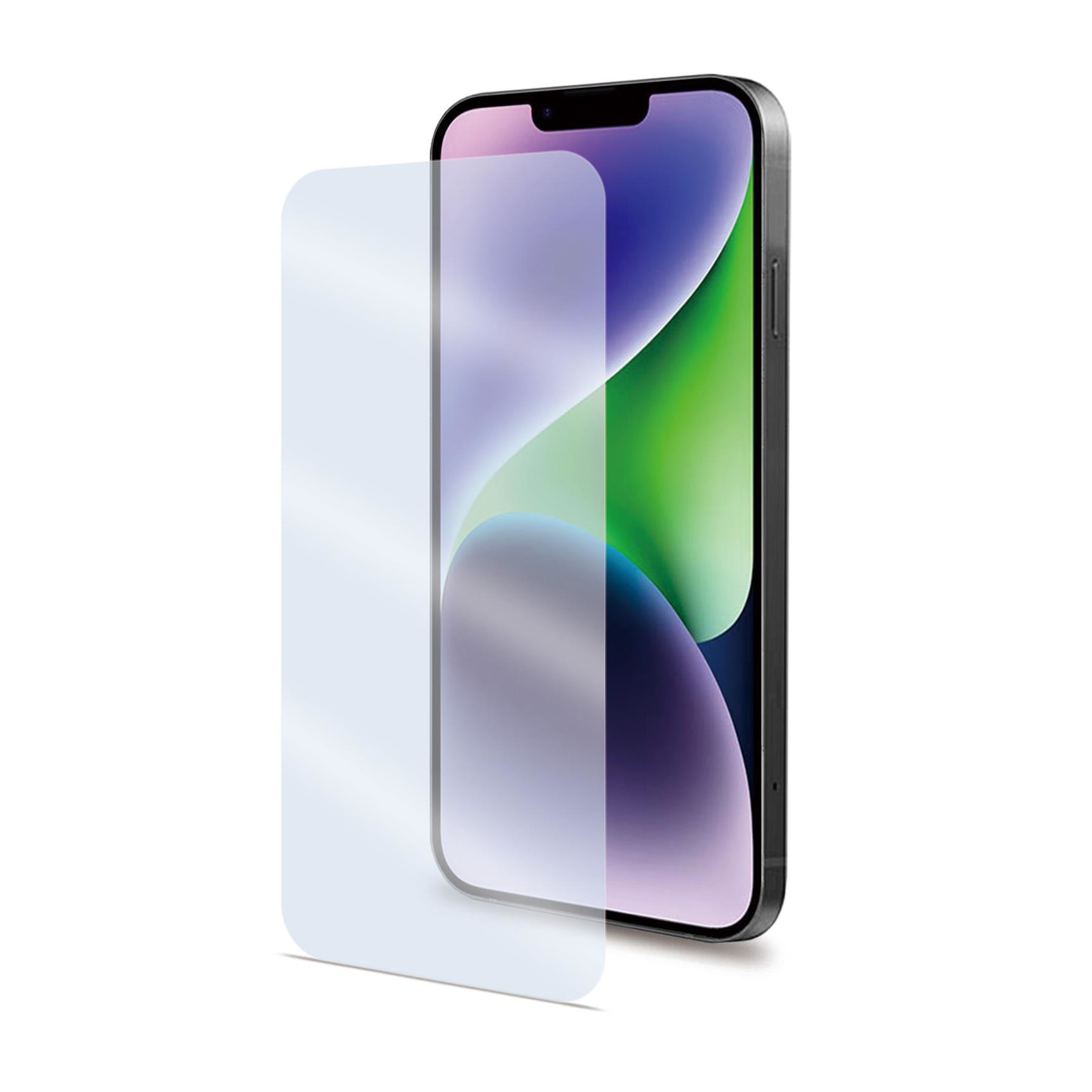 Telefono con protezione schermo in fase di applicazione. Il telefono ha un display blu e viola.