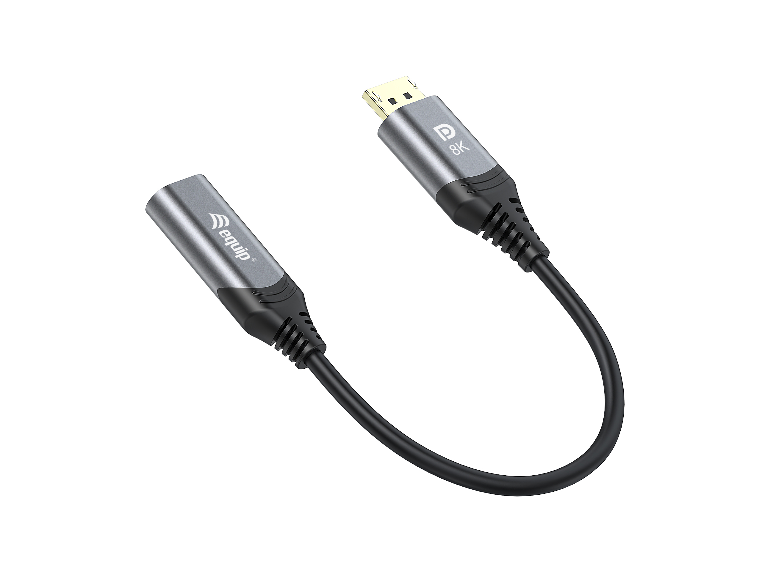 Un cable negro con dos conectores grises, uno con la marca '8K' y 'equp'.