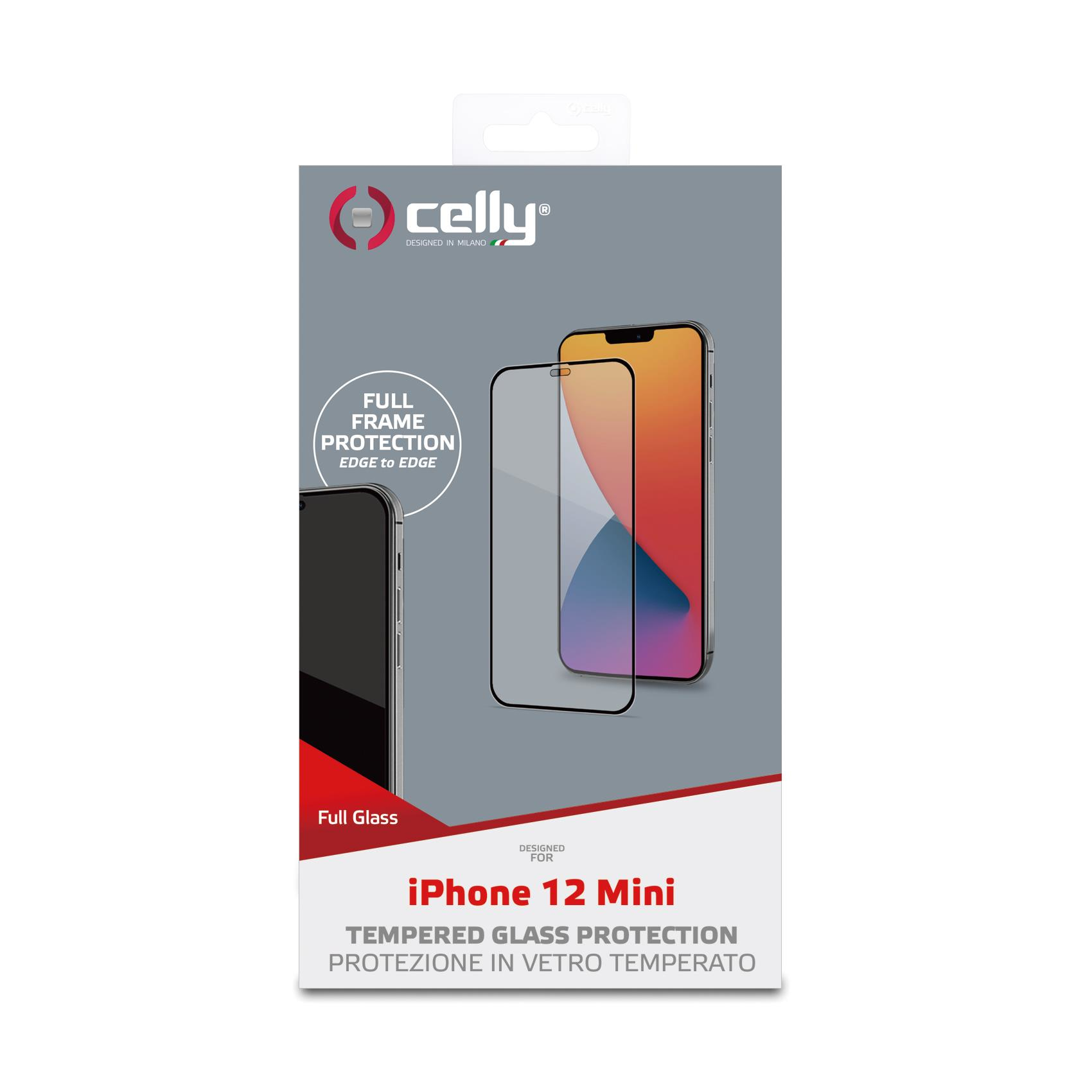 Confezione per protezione schermo in vetro temperato iPhone 12 Mini, con display del telefono.