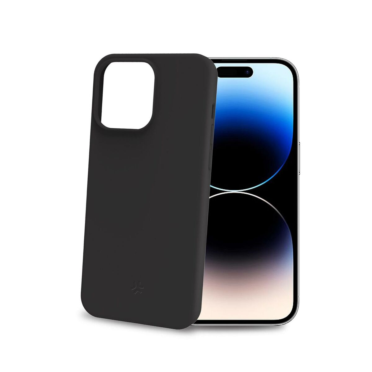 Custodia per telefono nera accanto a un telefono. La custodia ha un ritaglio per la fotocamera.